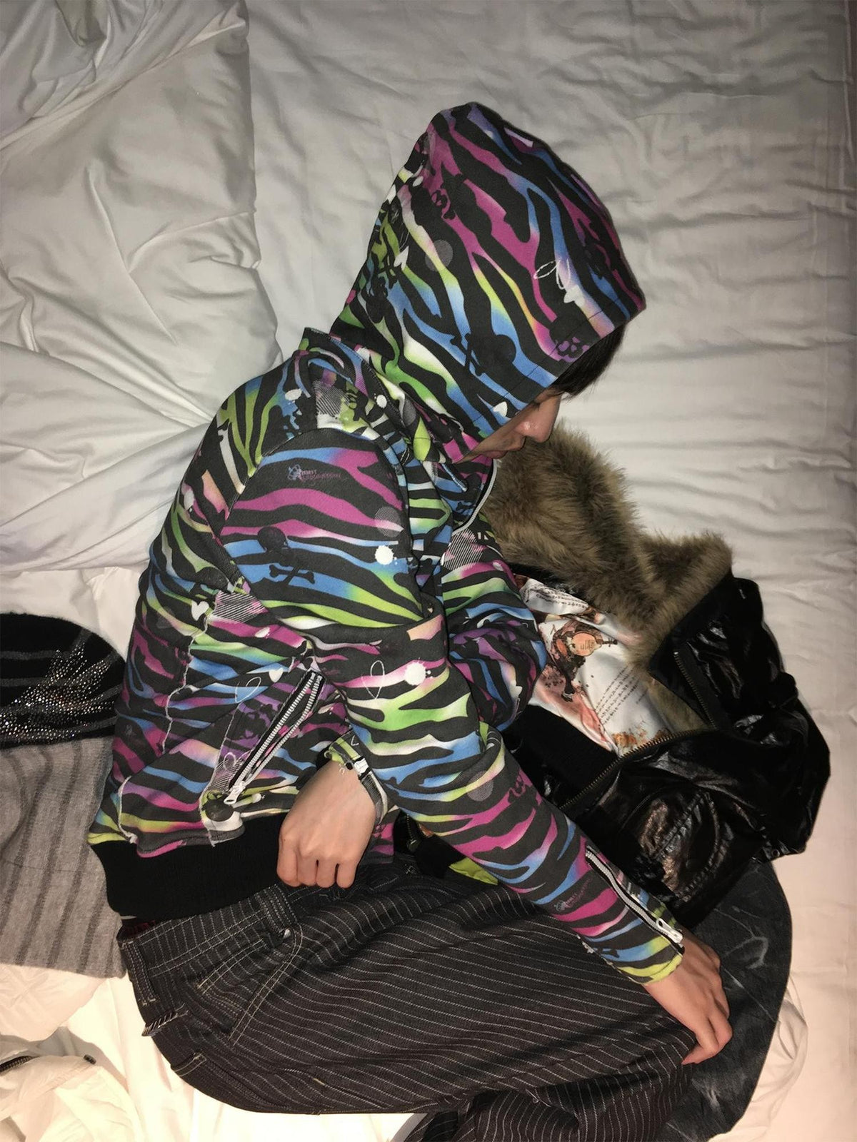 Night Lab Colored Skull Zebra Print Washed Loose Fit Women's Cotton Zip-up Hoodies