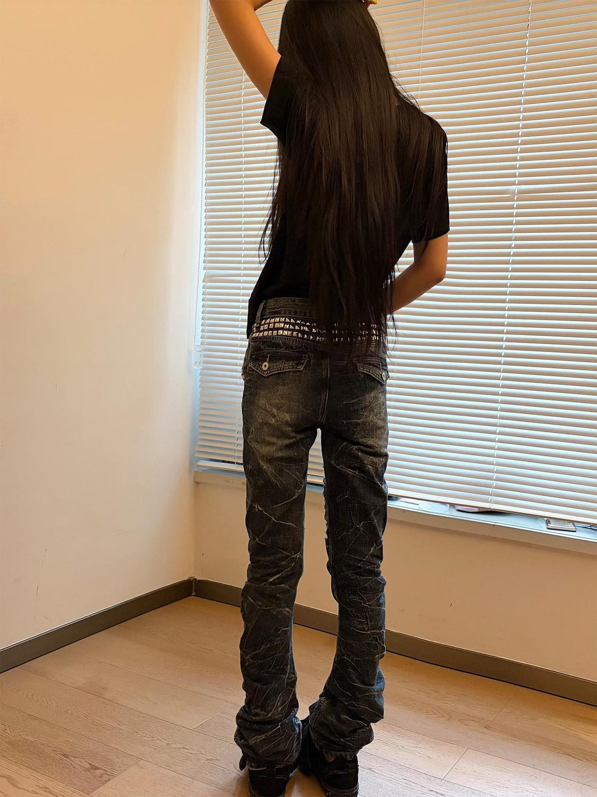 Night Lab Distressed Studded Vintage Wash Curved Women's Cotton Skinny Jeans