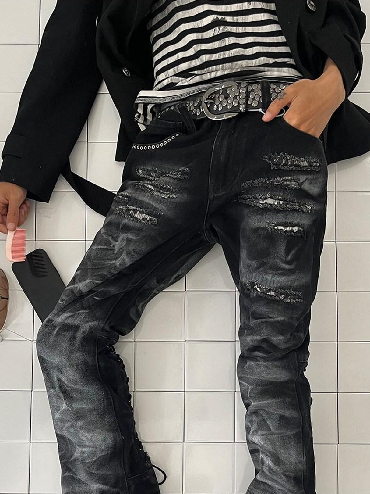 Night Lab Edgy Beaded Lace Up Tie Dye Ink Wash Mid Low Rise Casual Unisex Straight Jeans
