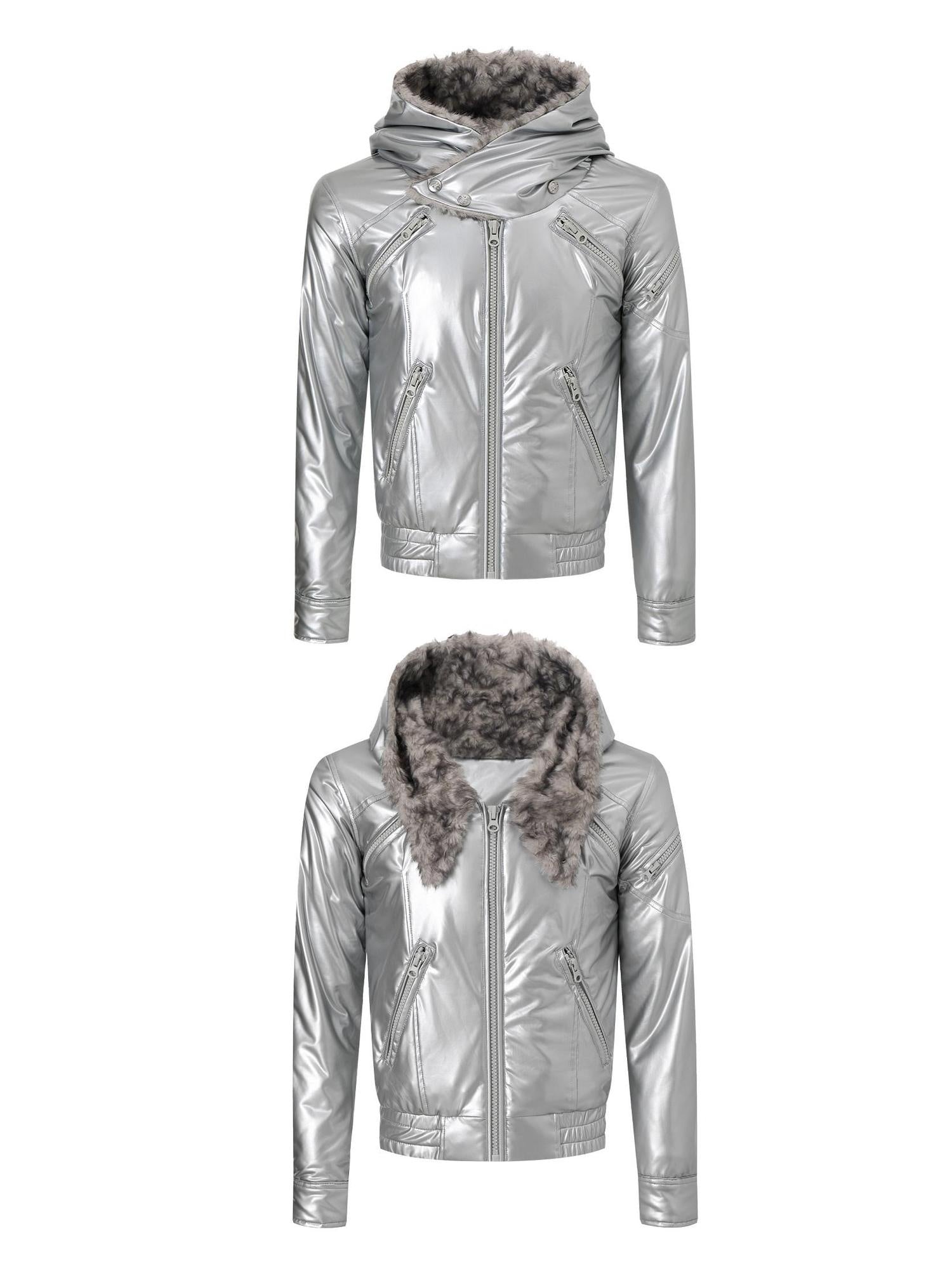 Night Lab High Gloss Pu Leather Hooded Fur Trim Insulated Silver Teen Puffer Jackets