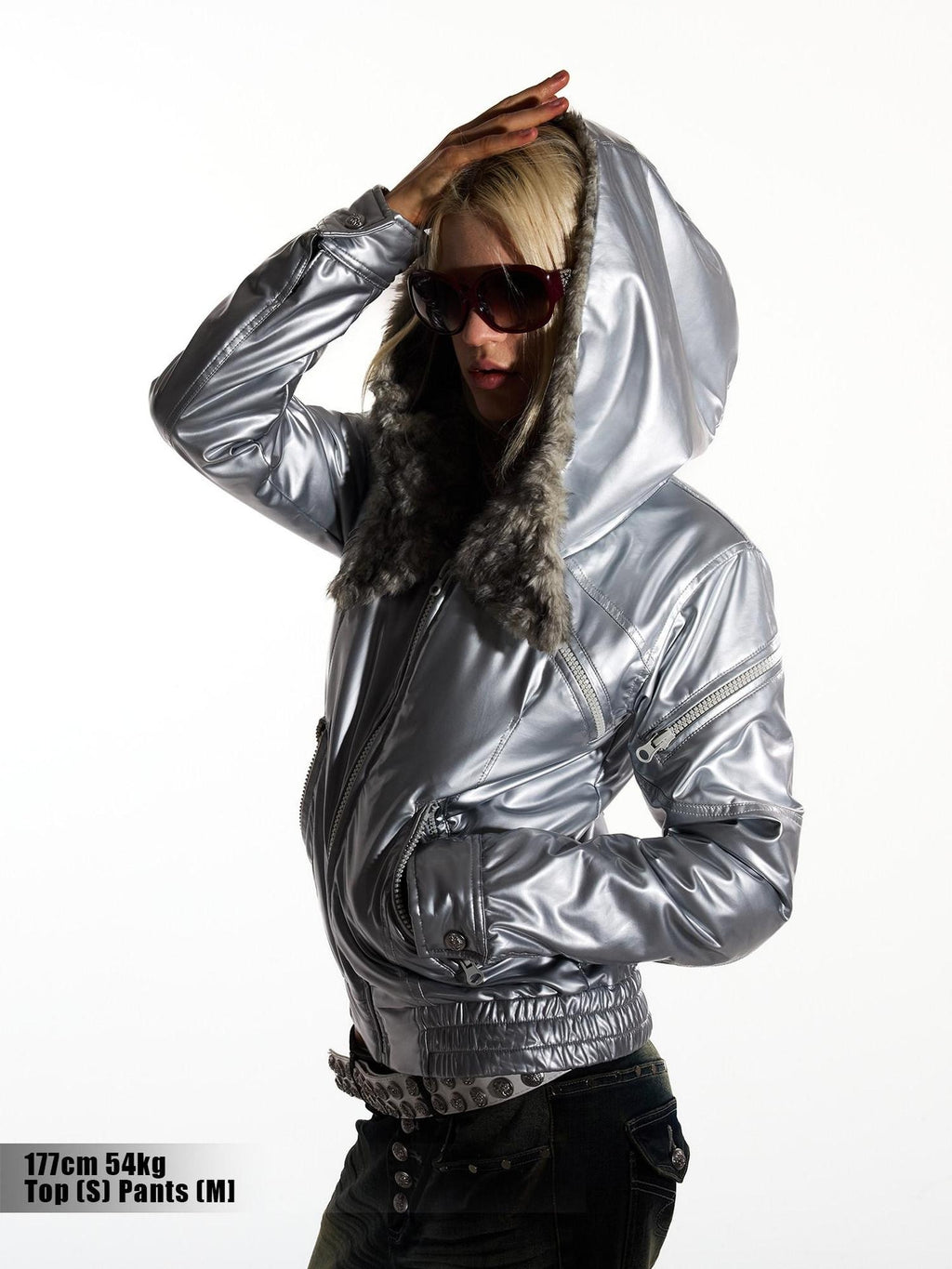 Night Lab High Gloss Pu Leather Hooded Fur Trim Insulated Silver Teen Puffer Jackets