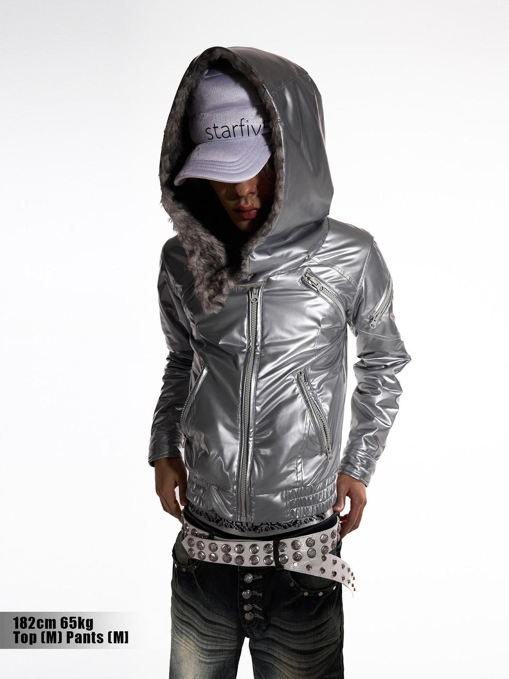 Night Lab High Gloss Pu Leather Hooded Fur Trim Insulated Silver Teen Puffer Jackets