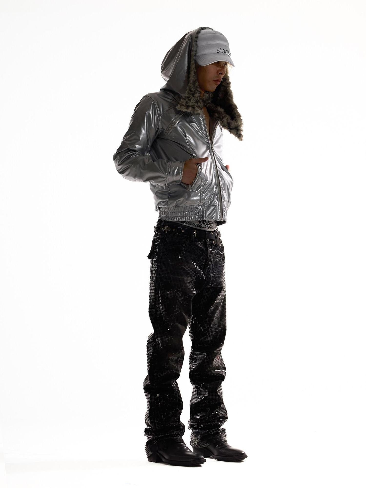 Night Lab High Gloss Pu Leather Hooded Fur Trim Insulated Silver Teen Puffer Jackets