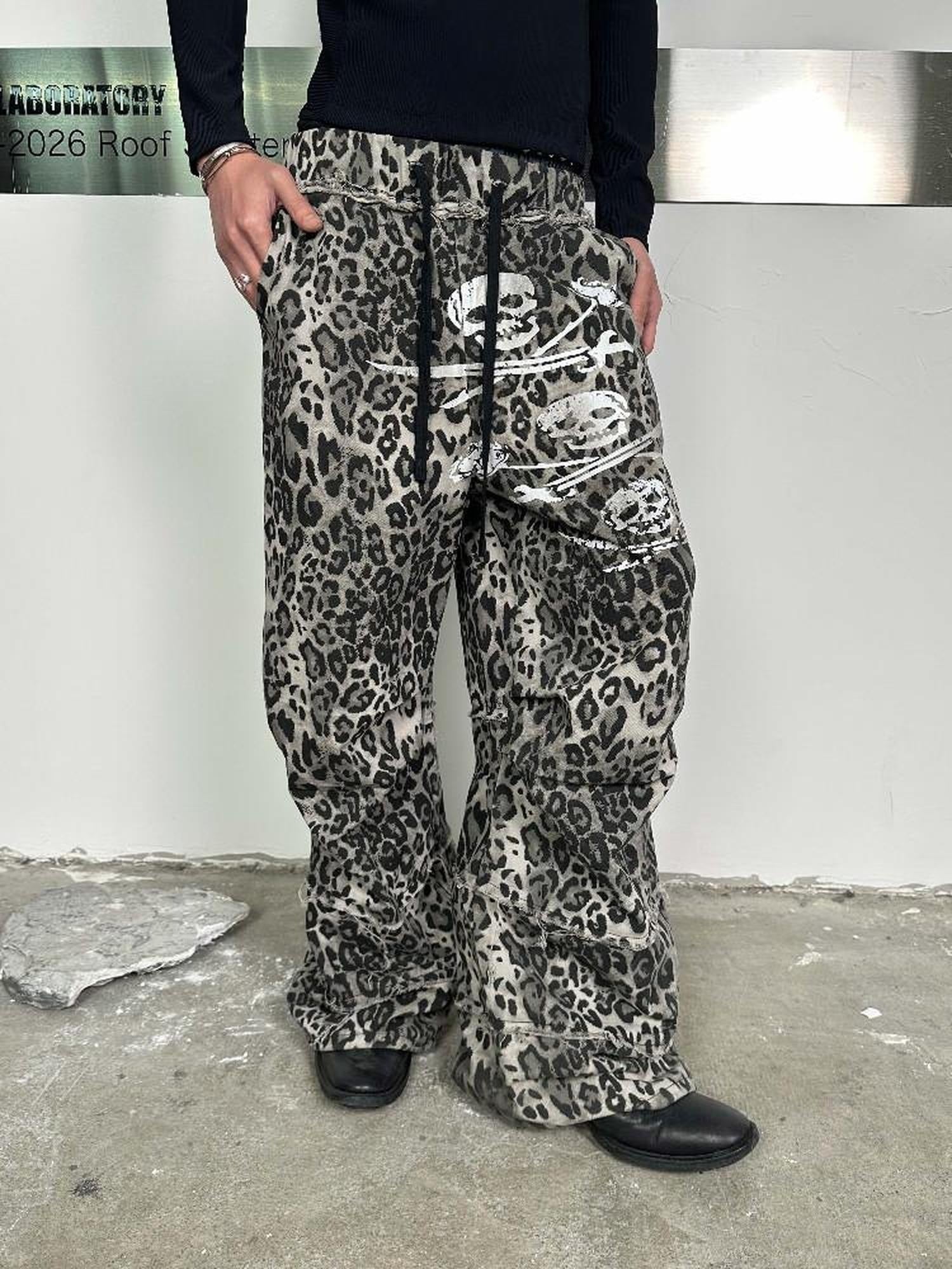 Night Lab Leopard Skull Digital Print Relaxed Drawstring Mid Rise Unisex Wide-Leg Pants