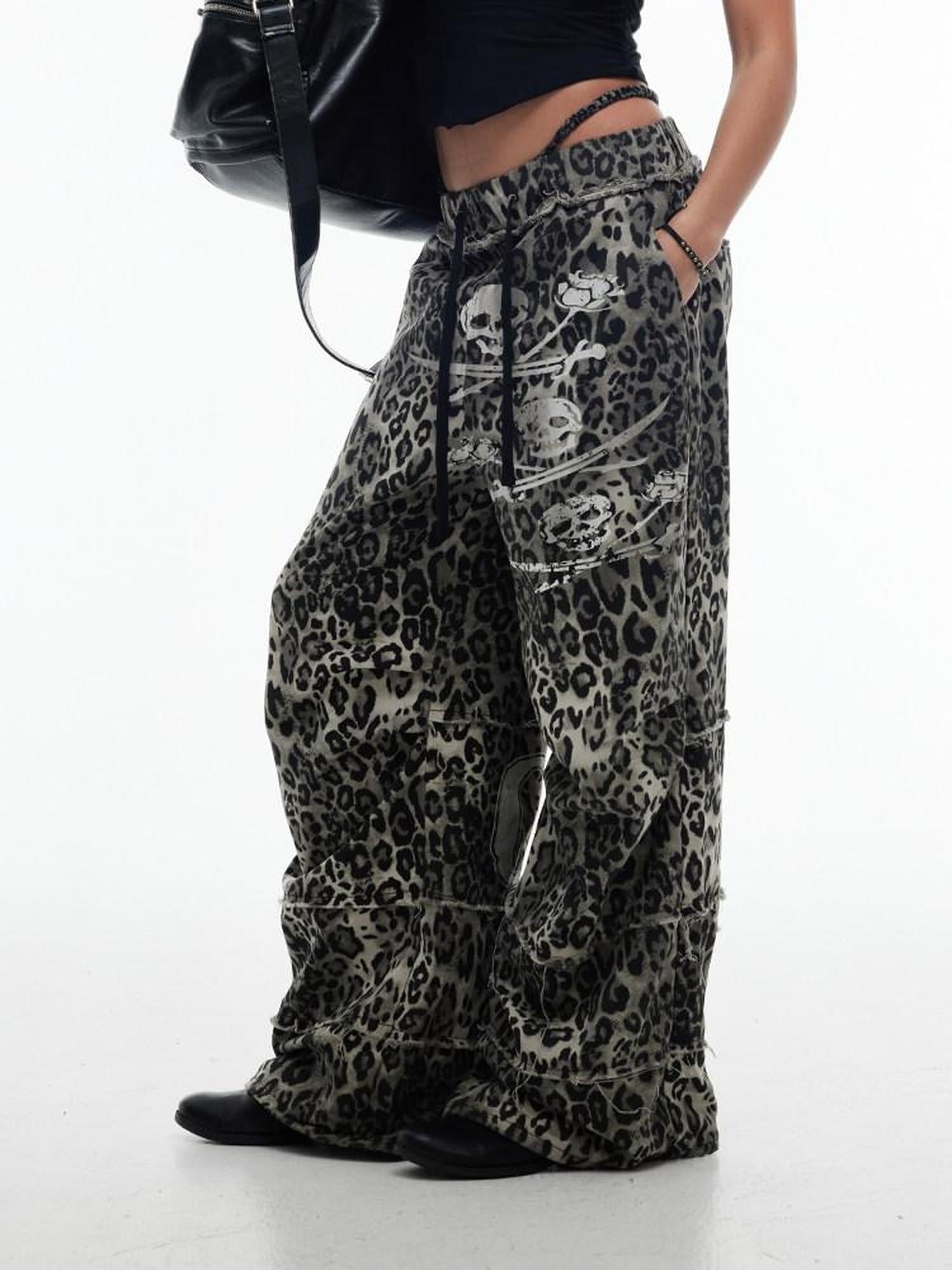 Night Lab Leopard Skull Digital Print Relaxed Drawstring Mid Rise Unisex Wide-Leg Pants