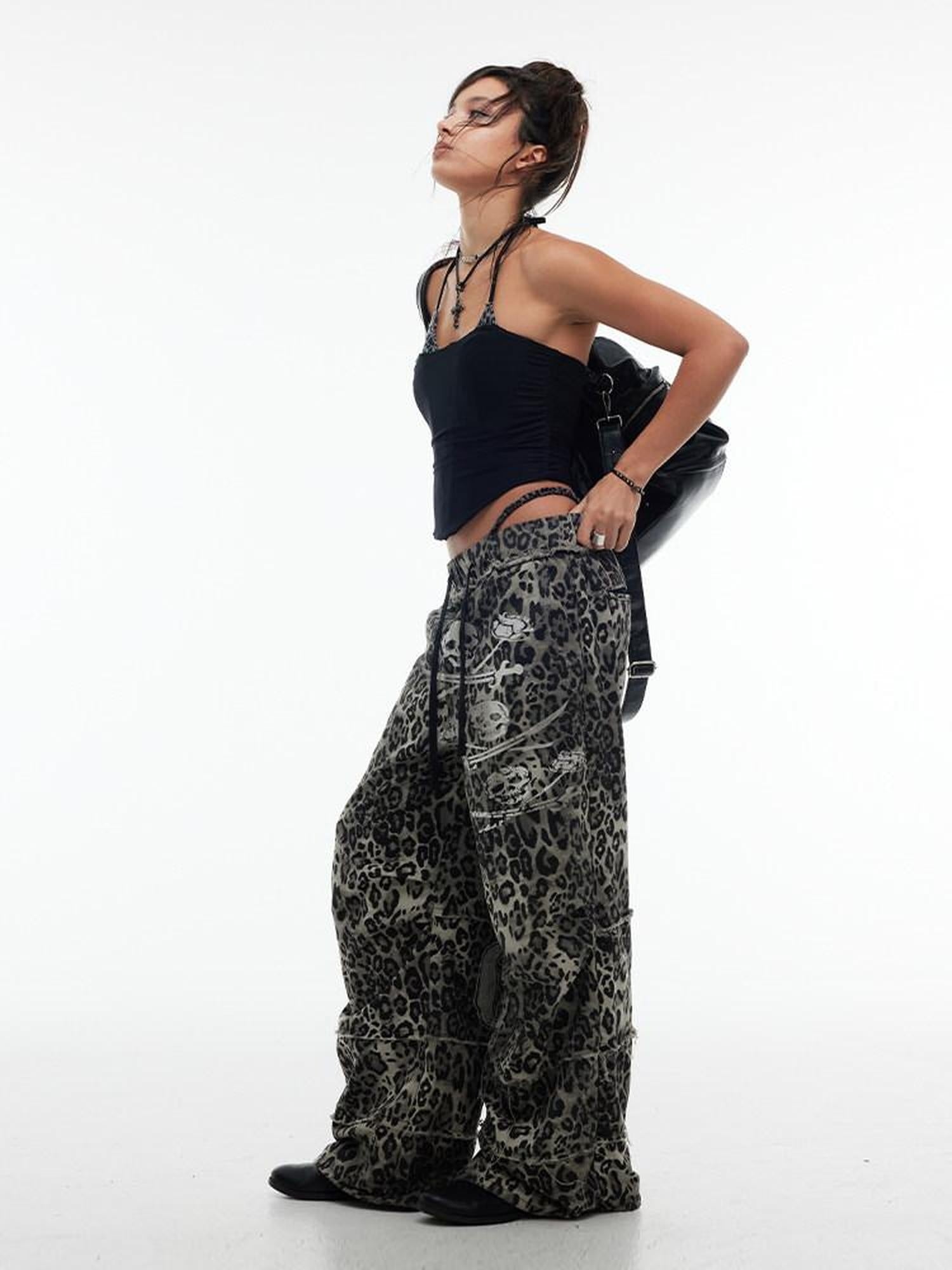 Night Lab Leopard Skull Digital Print Relaxed Drawstring Mid Rise Unisex Wide-Leg Pants