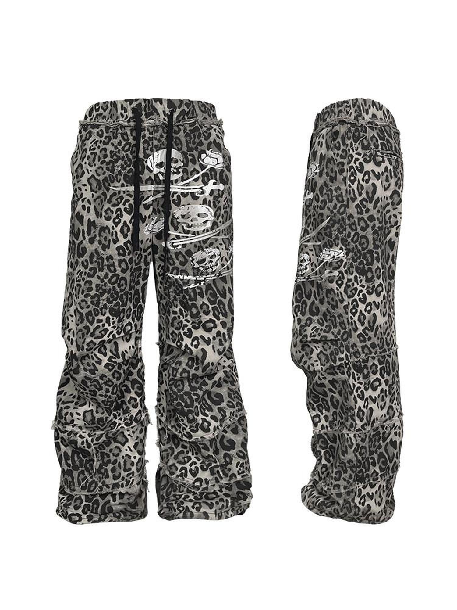 Night Lab Leopard Skull Digital Print Relaxed Drawstring Mid Rise Unisex Wide-Leg Pants