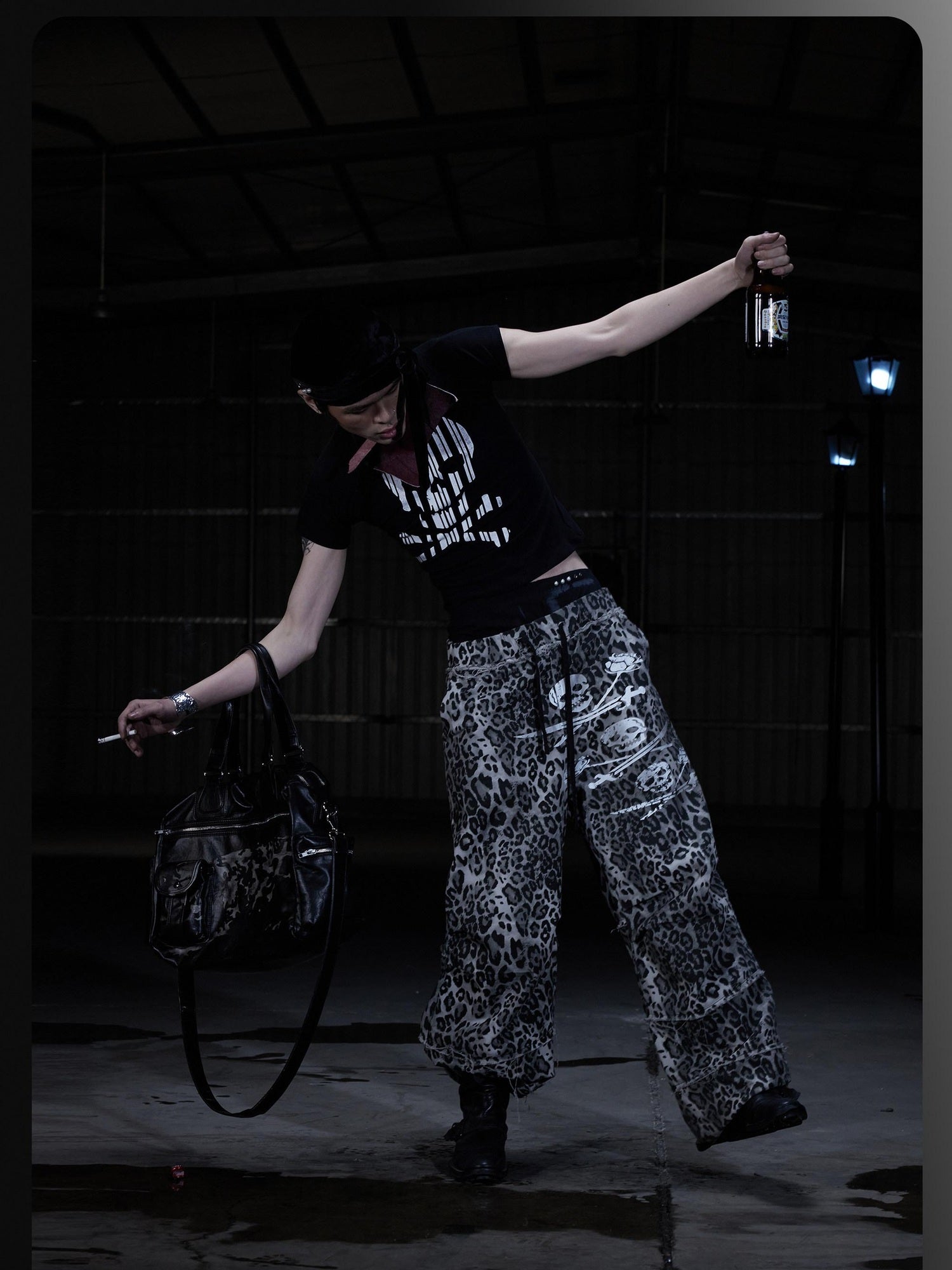 Night Lab Leopard Skull Digital Print Relaxed Drawstring Mid Rise Unisex Wide-Leg Pants