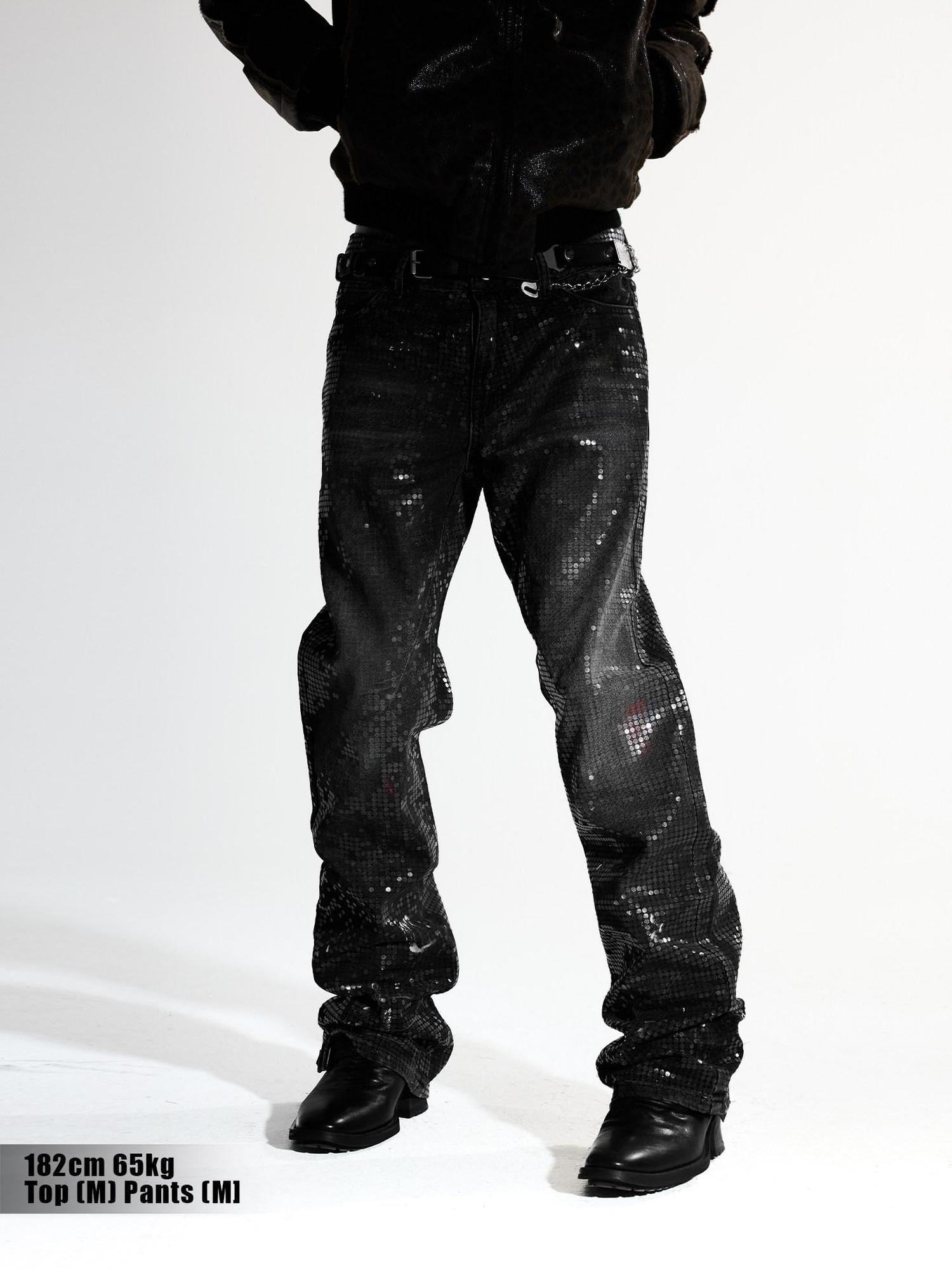 Night Lab Sequin Polka Dot Black Rock Style Teen Mid Rise Button Fly Cotton Straight Jeans