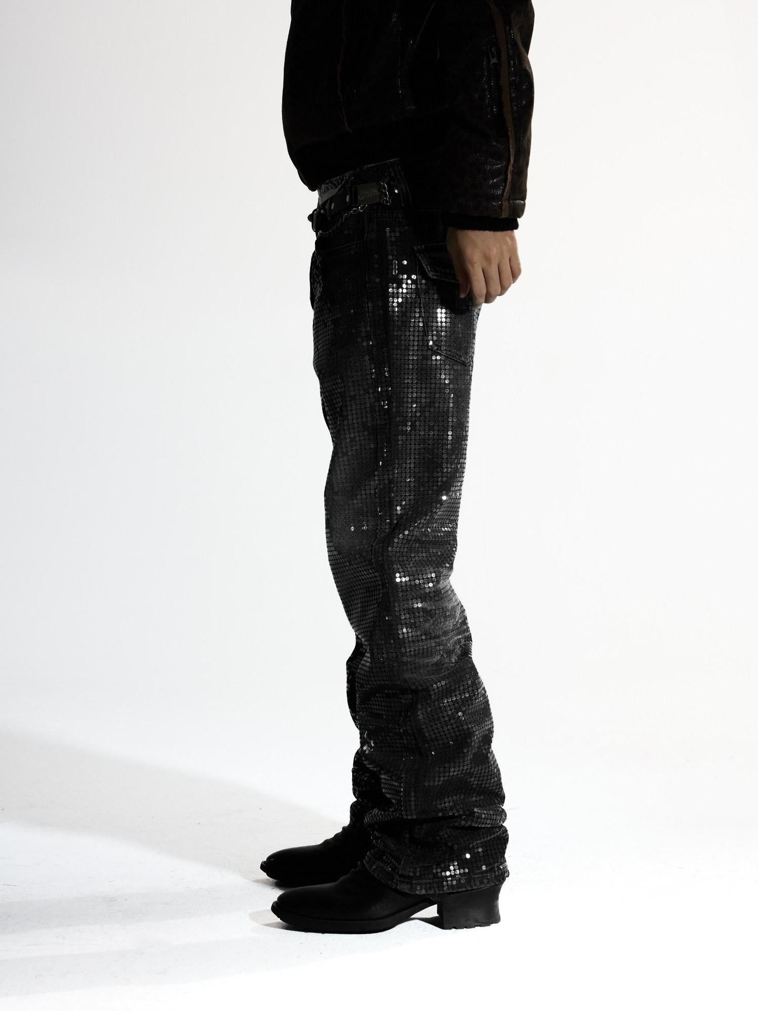 Night Lab Sequin Polka Dot Black Rock Style Teen Mid Rise Button Fly Cotton Straight Jeans