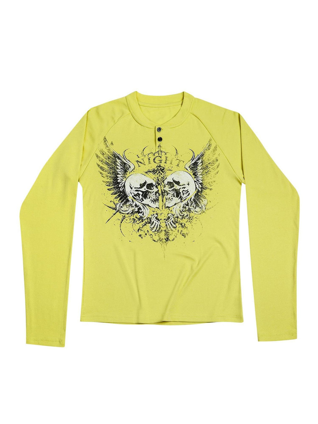 Night Lab Skull Print Henley Raglan Women's Cotton Long Sleeve T-shirts