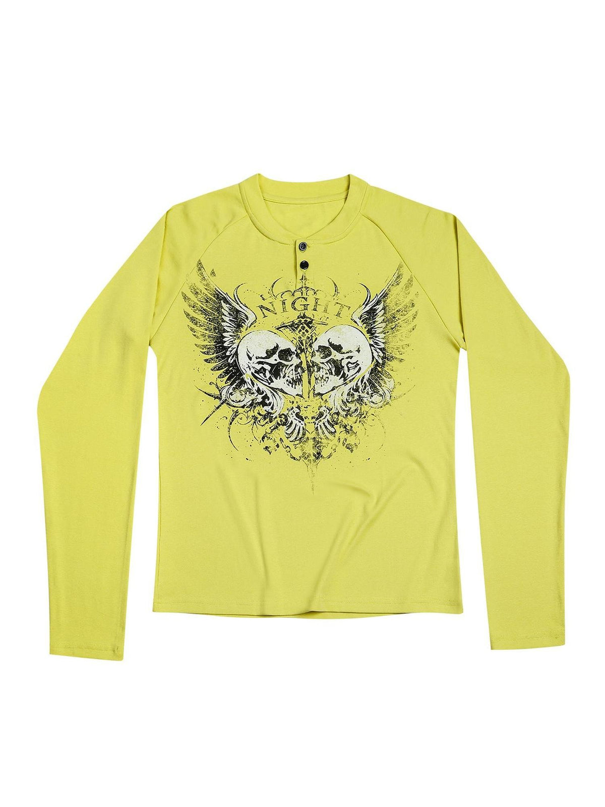 Night Lab Skull Print Henley Raglan Women's Cotton Long Sleeve T-shirts