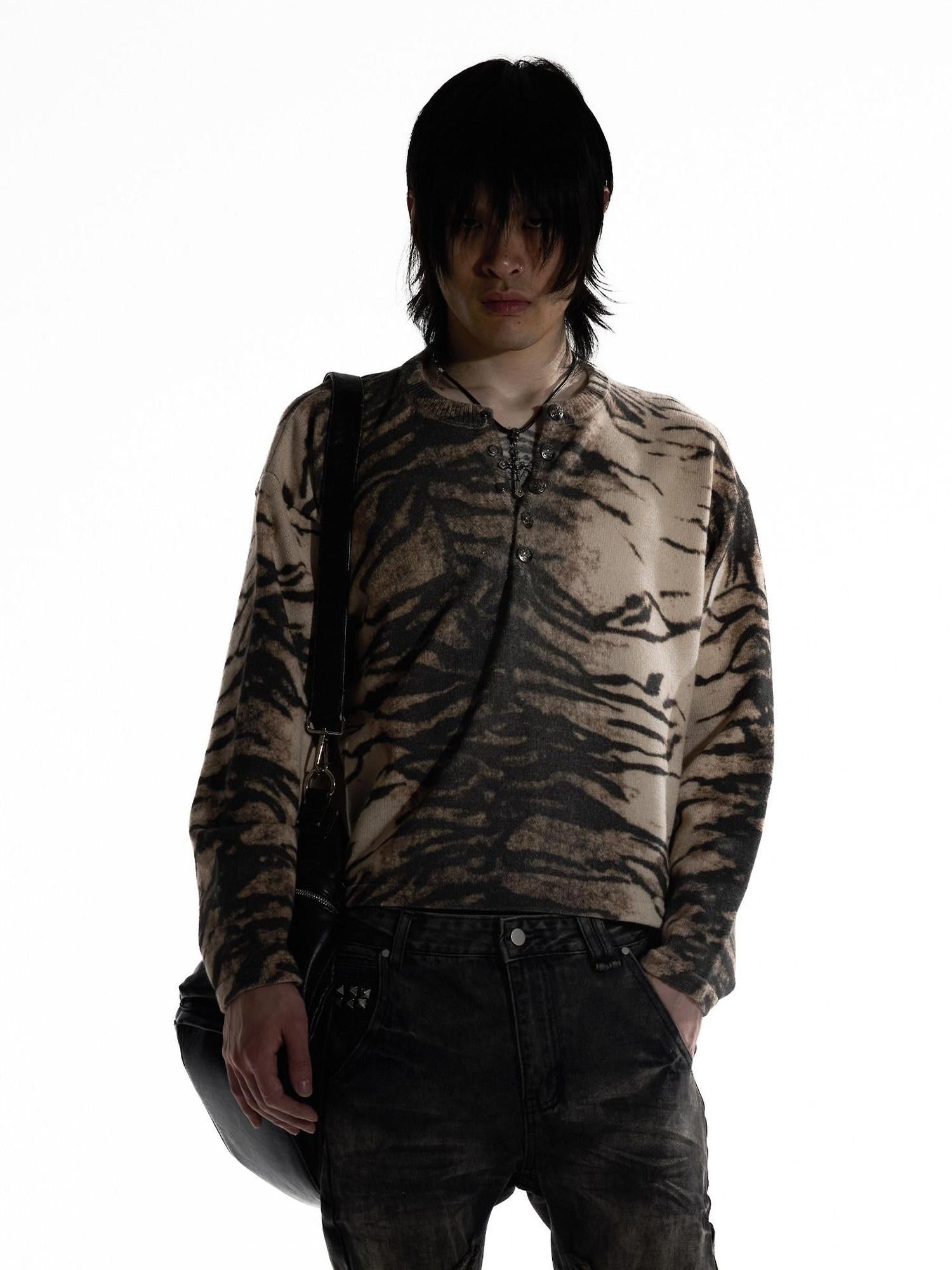 Night Lab Soft Warm Vintage Loose Henley Zebra Stripe Unisex Youth Viscose Sweaters
