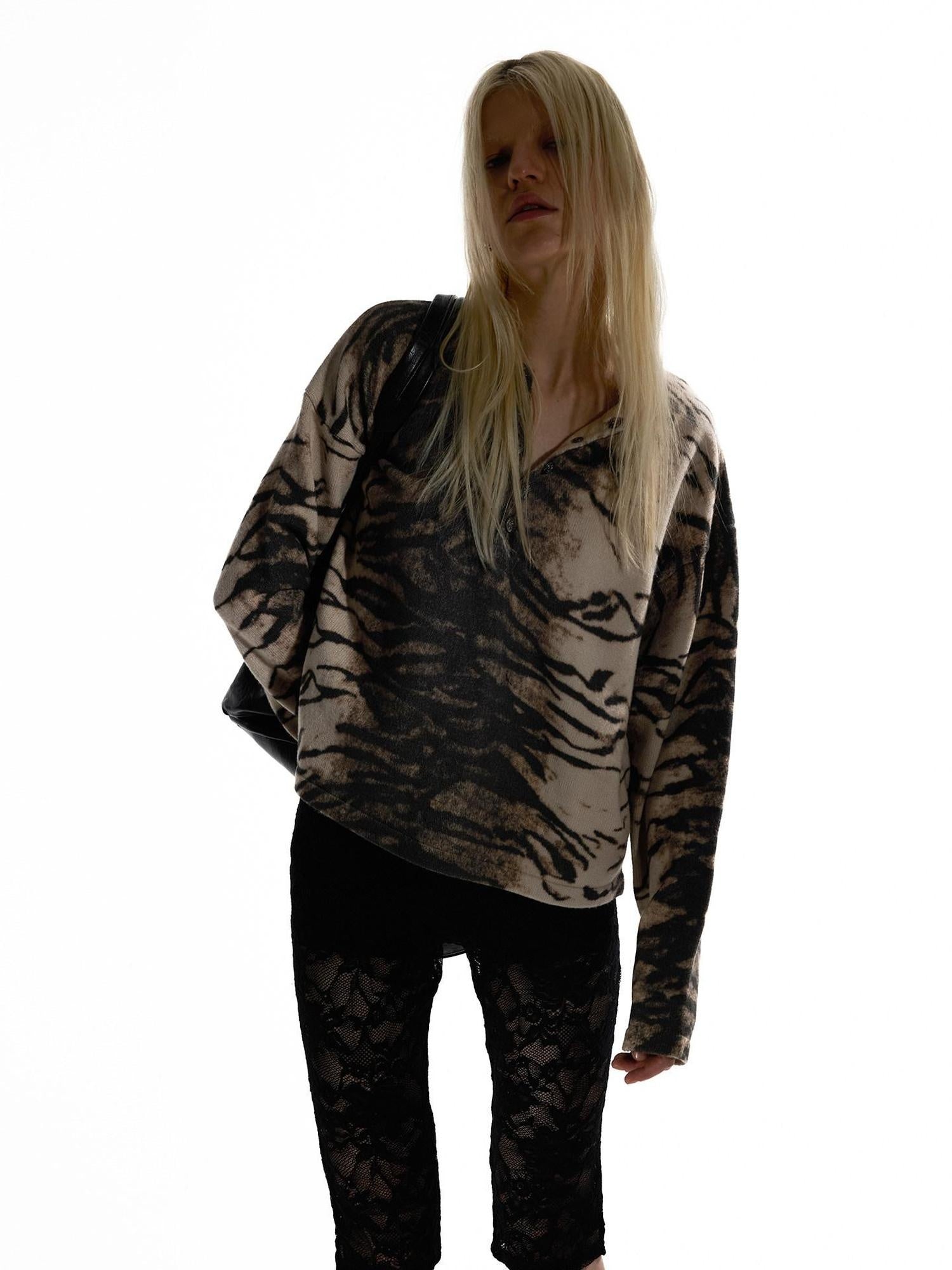 Night Lab Soft Warm Vintage Loose Henley Zebra Stripe Unisex Youth Viscose Sweaters