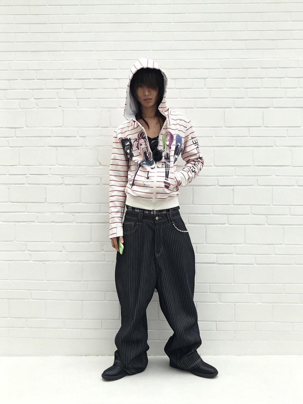 Night Lab Striped Graffiti Washed Loose Fit Women's Cotton Zip-up Hoodies