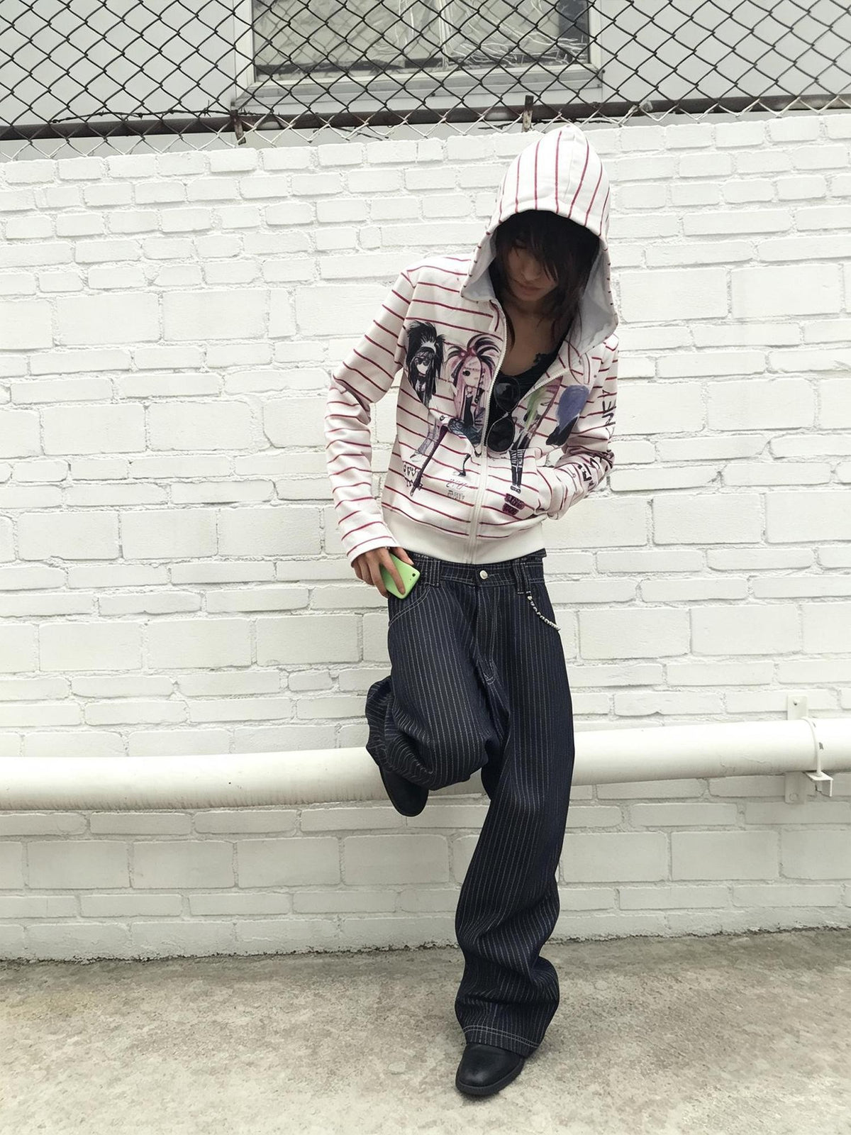 Night Lab Striped Graffiti Washed Loose Fit Women's Cotton Zip-up Hoodies