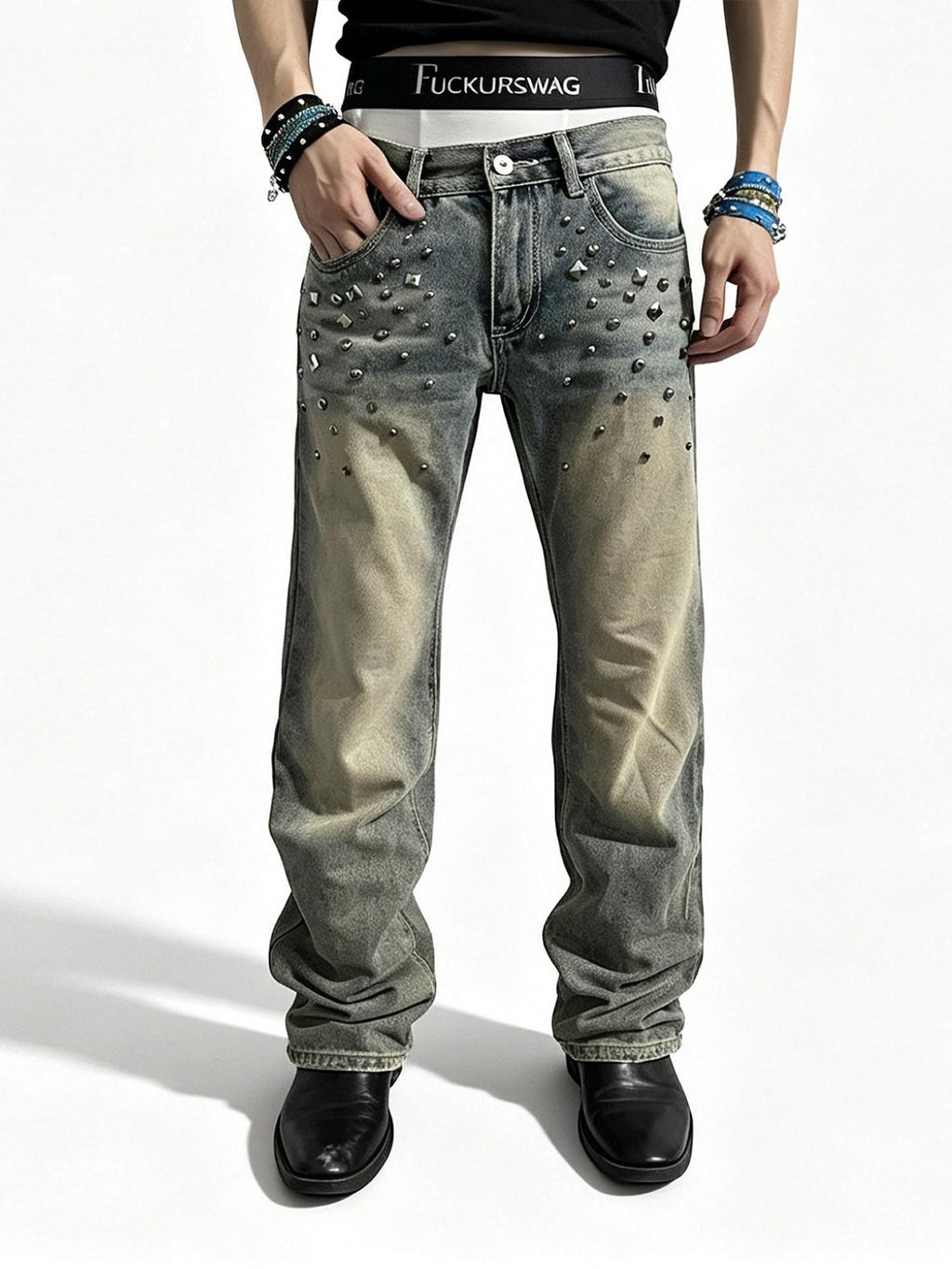 Night Lab Vintage Studded Wash Khaki Women's Cotton Straight-leg Pants