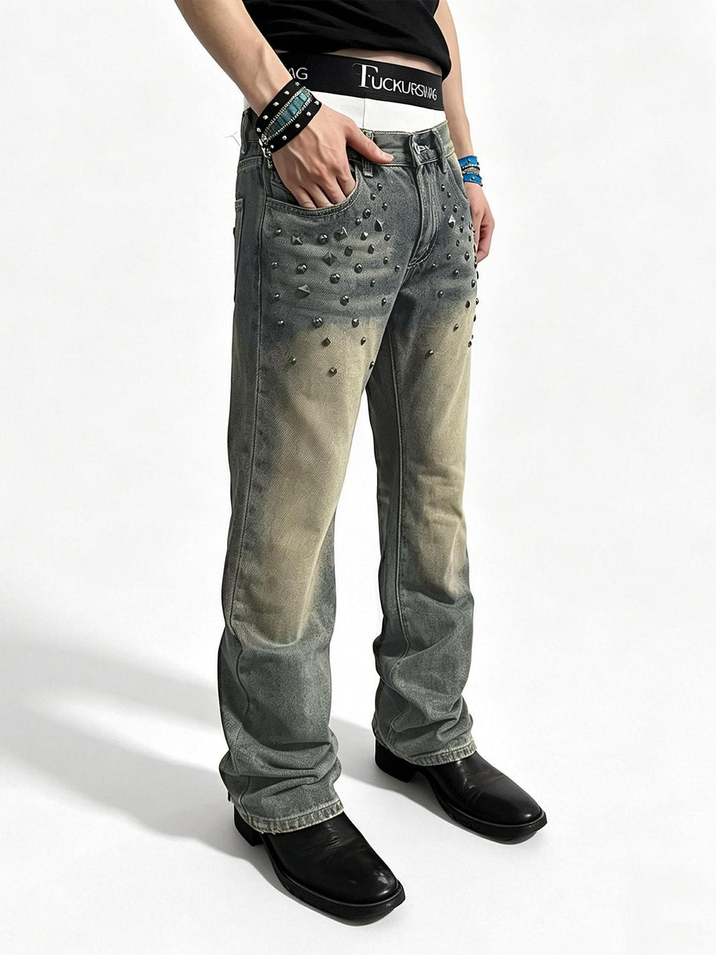 Night Lab Vintage Studded Wash Khaki Women's Cotton Straight-leg Pants