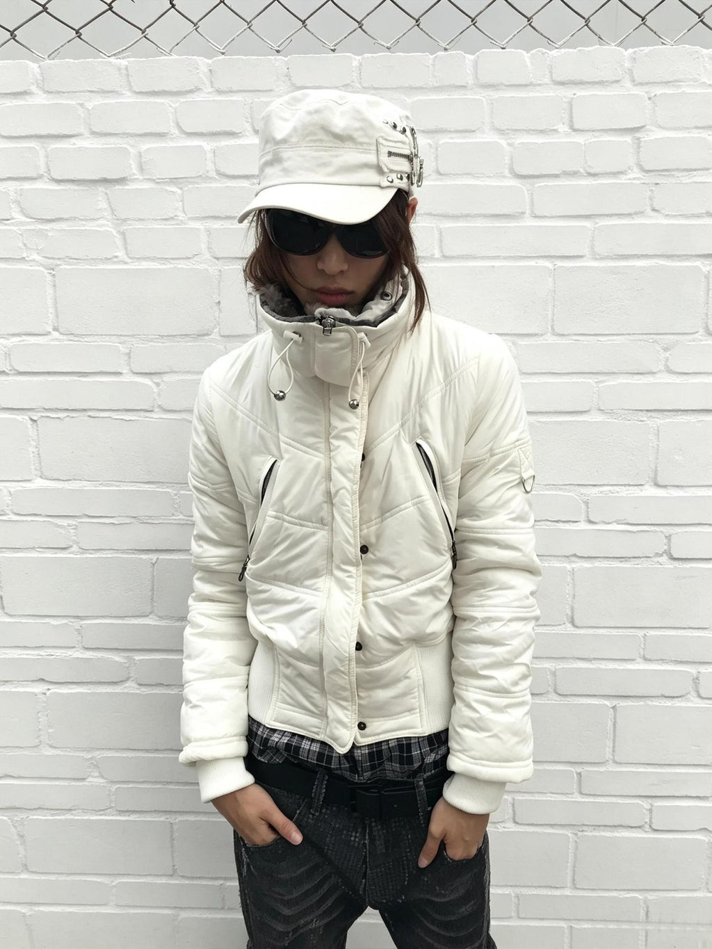 Night Lab Vintage Zebra Print Faux Fur Trim Fitted Cropped White Women's Nylon Puffer Jackets
