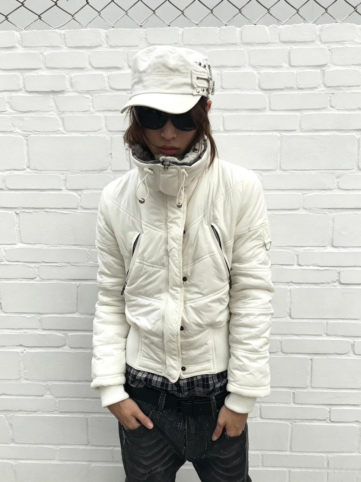 Night Lab Vintage Zebra Print Faux Fur Trim Fitted Cropped White Women's Nylon Puffer Jackets