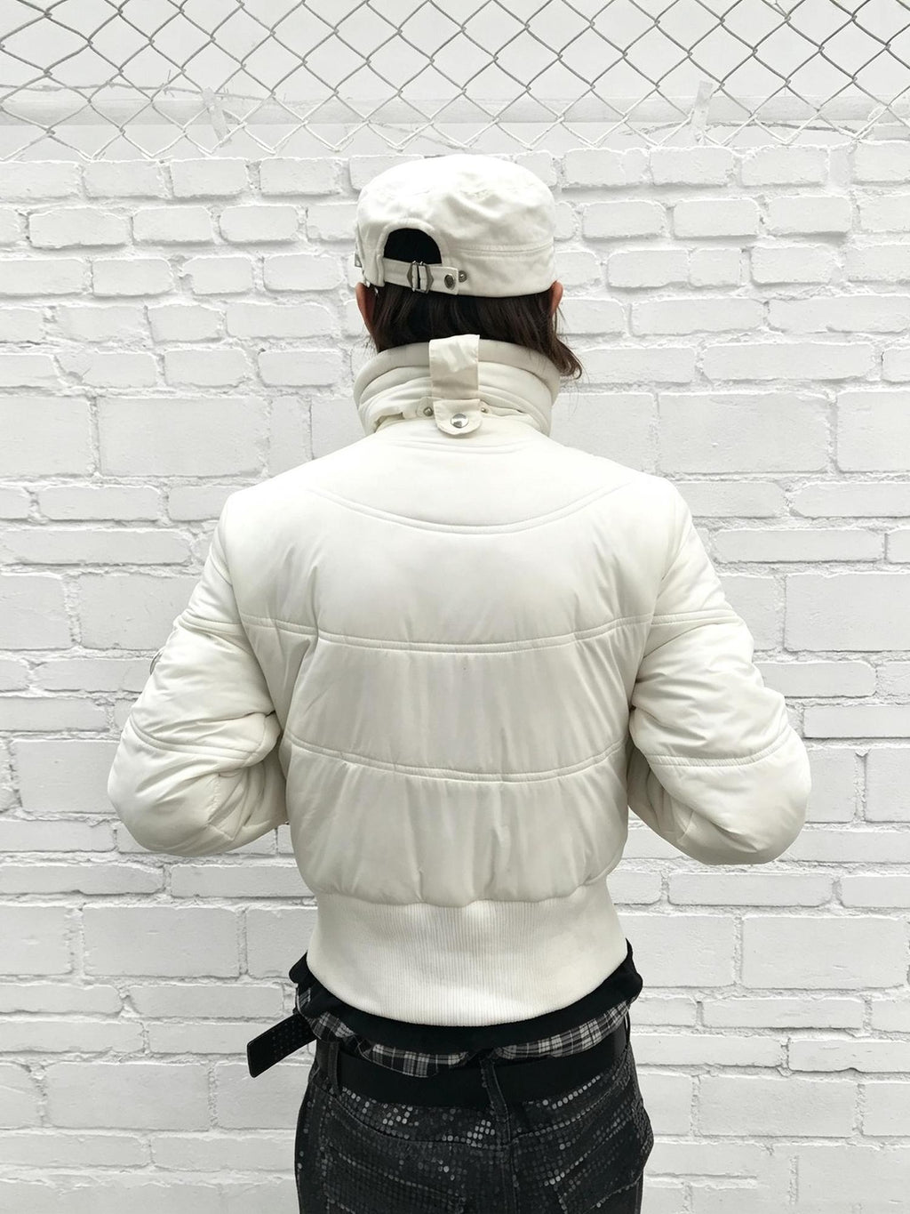 Night Lab Vintage Zebra Print Faux Fur Trim Fitted Cropped White Women's Nylon Puffer Jackets