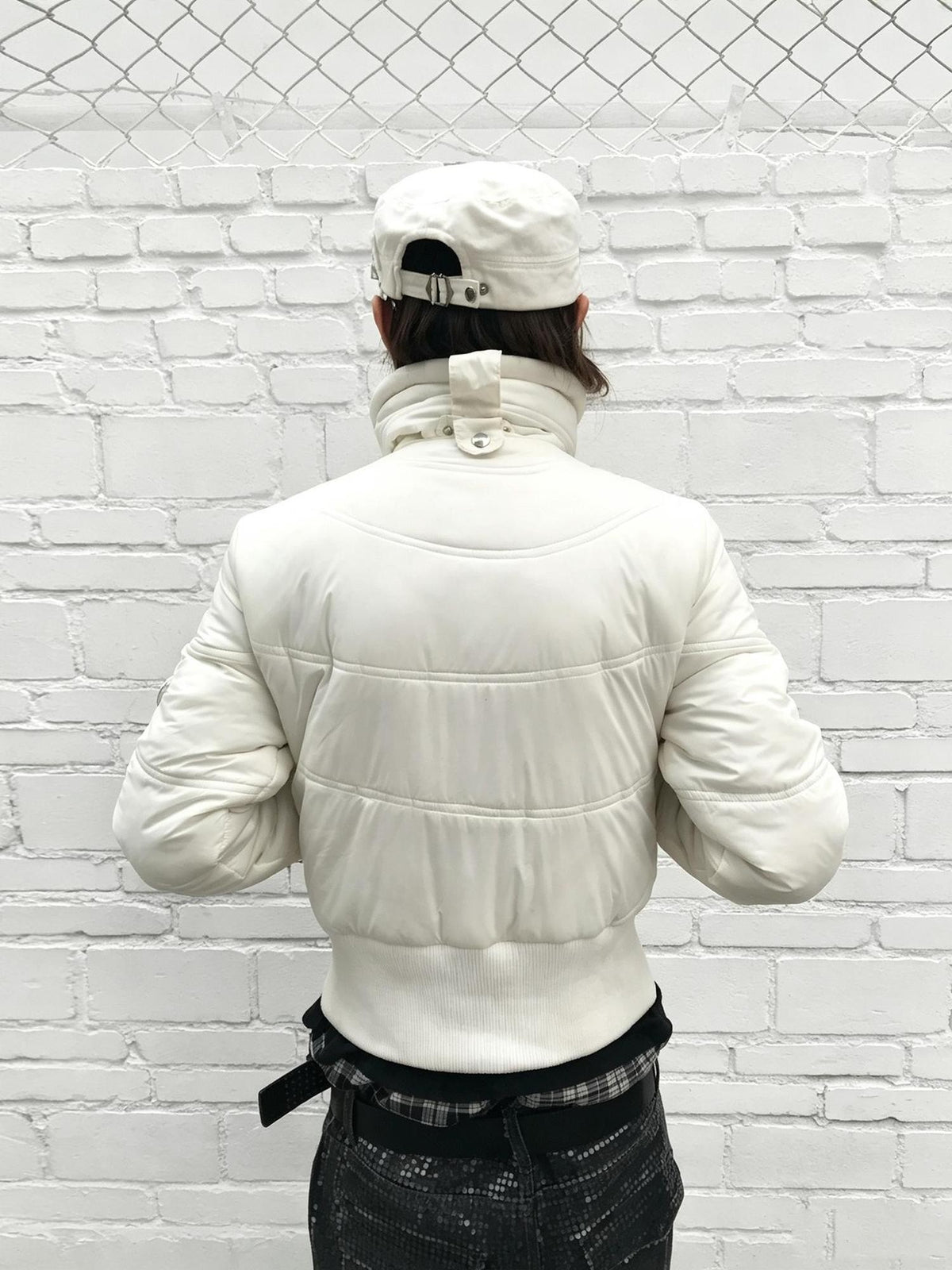 Night Lab Vintage Zebra Print Faux Fur Trim Fitted Cropped White Women's Nylon Puffer Jackets