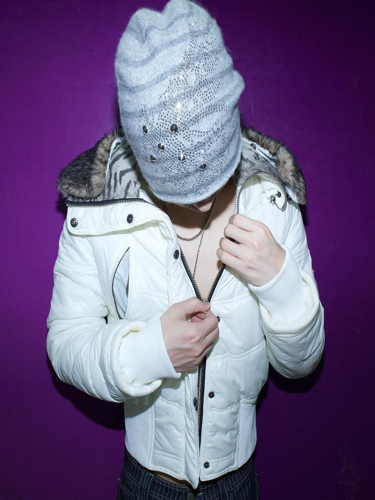Night Lab Vintage Zebra Print Faux Fur Trim Fitted Cropped White Women's Nylon Puffer Jackets