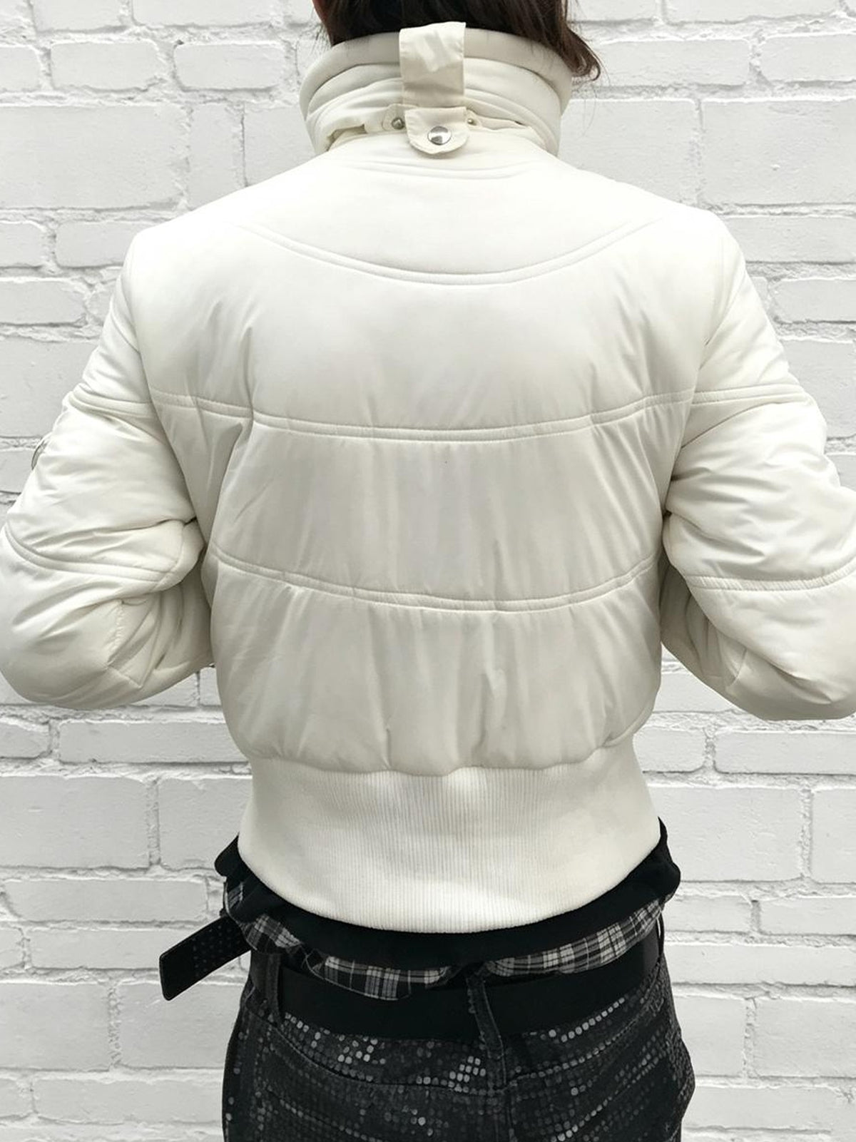 Night Lab Vintage Zebra Print Faux Fur Trim Fitted Cropped White Women's Nylon Puffer Jackets