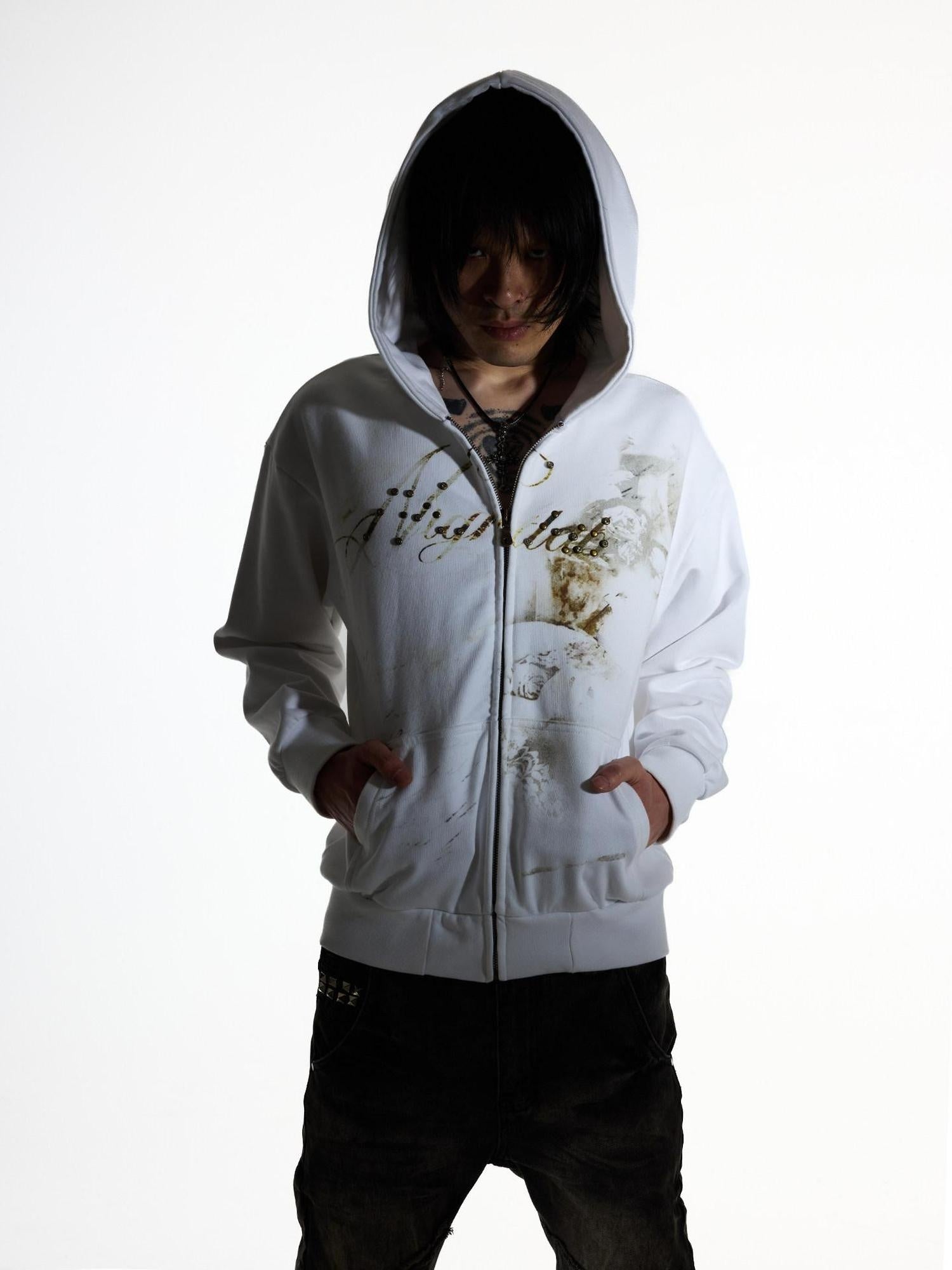 Night Lab Washed Cotton Loose Zip Up Hooded Casual Unisex Daily Letter Print Hoodies
