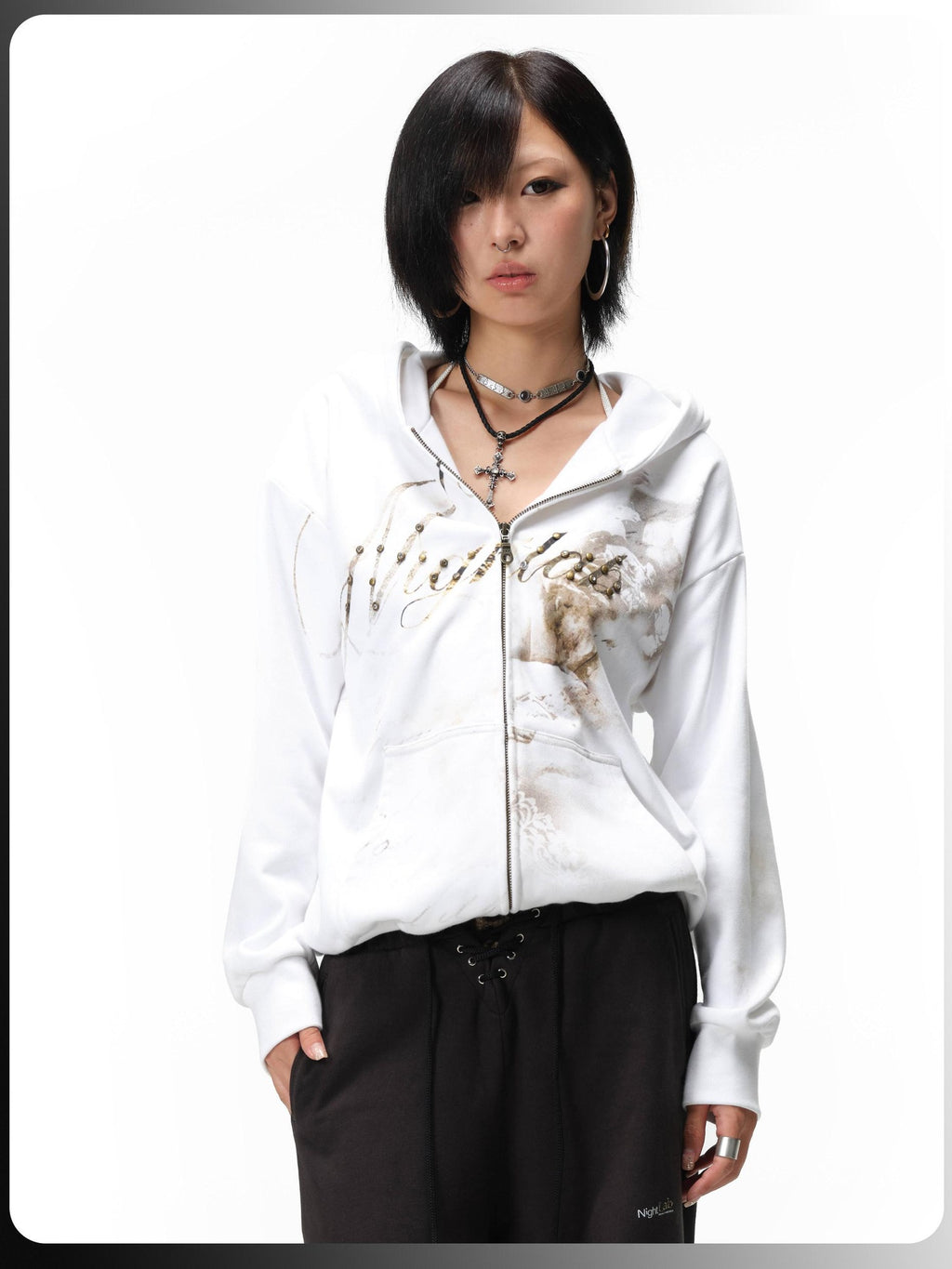 Night Lab Washed Cotton Loose Zip Up Hooded Casual Unisex Daily Letter Print Hoodies
