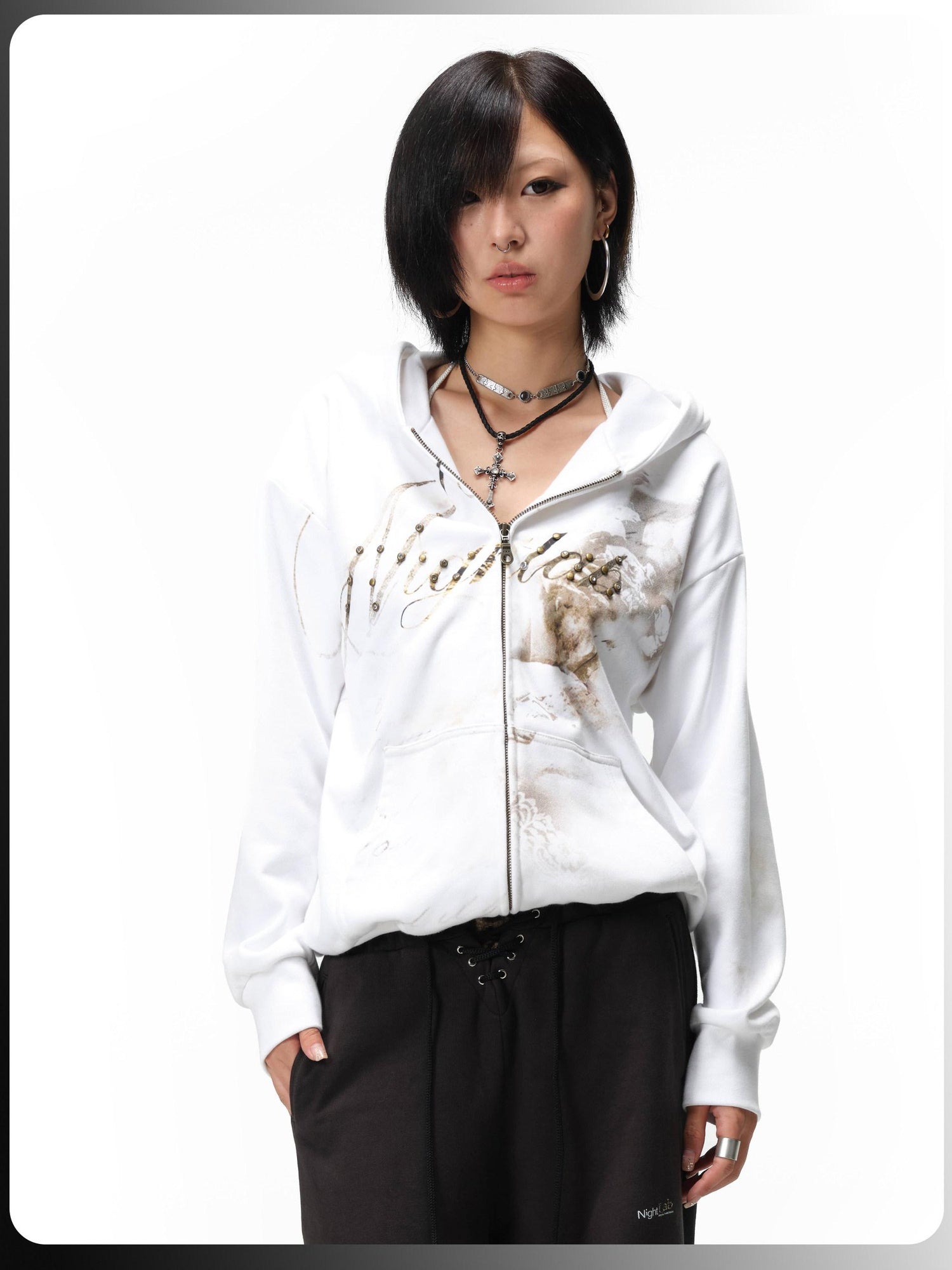 Night Lab Washed Cotton Loose Zip Up Hooded Casual Unisex Daily Letter Print Hoodies