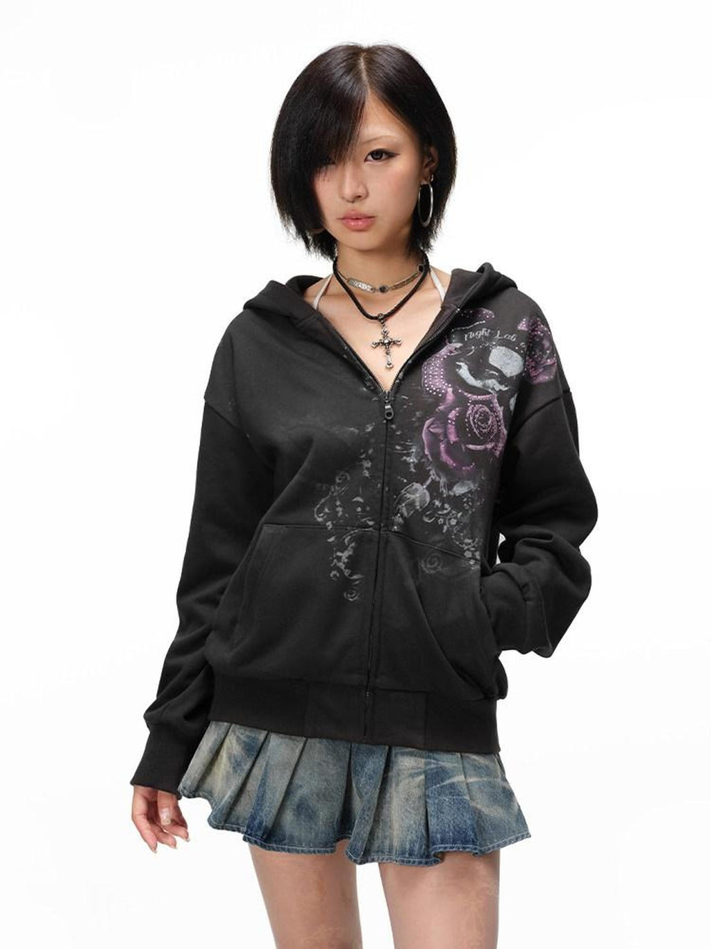 Night Lab Washed Cotton Rose Print Loose Fit Zip Cardigan Hooded Unisex Casual Hoodies