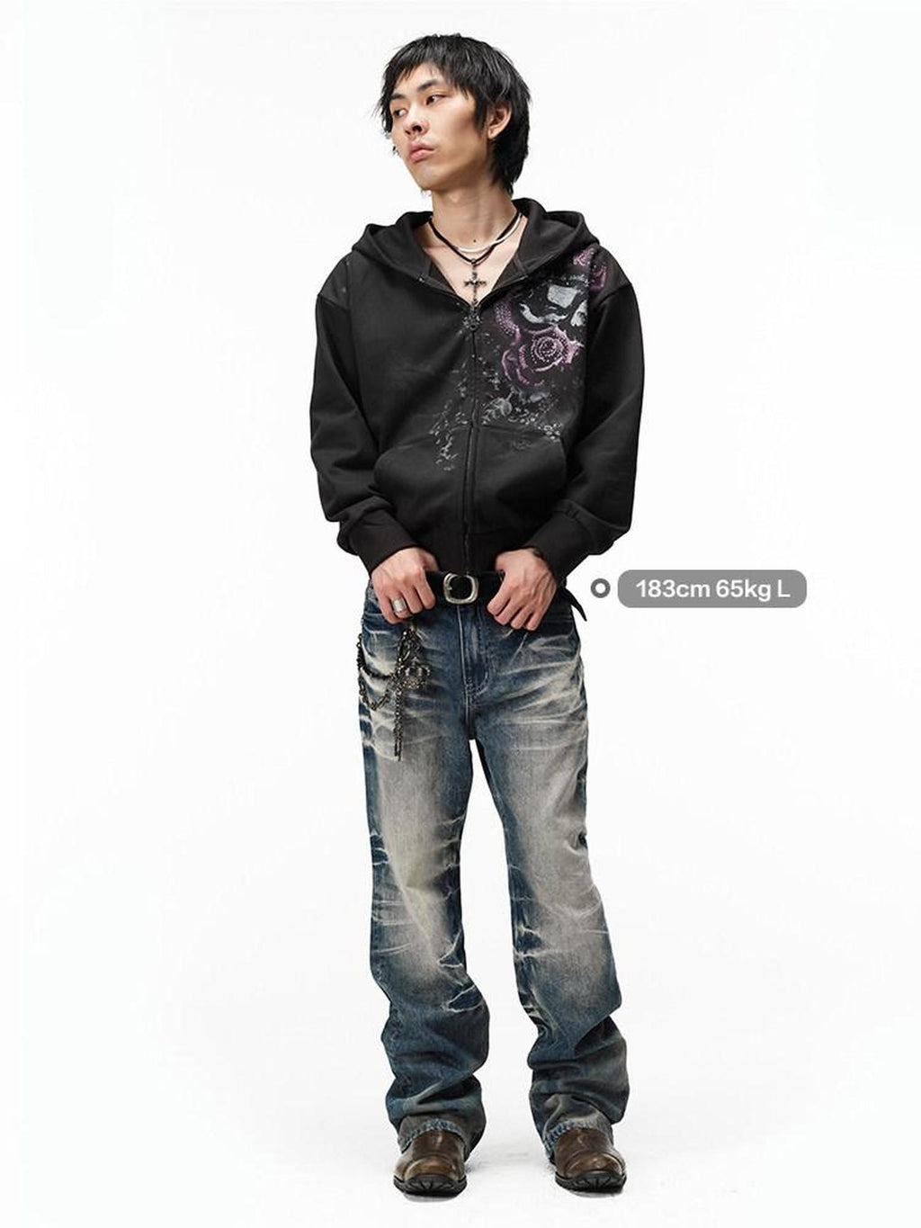 Night Lab Washed Cotton Rose Print Loose Fit Zip Cardigan Hooded Unisex Casual Hoodies