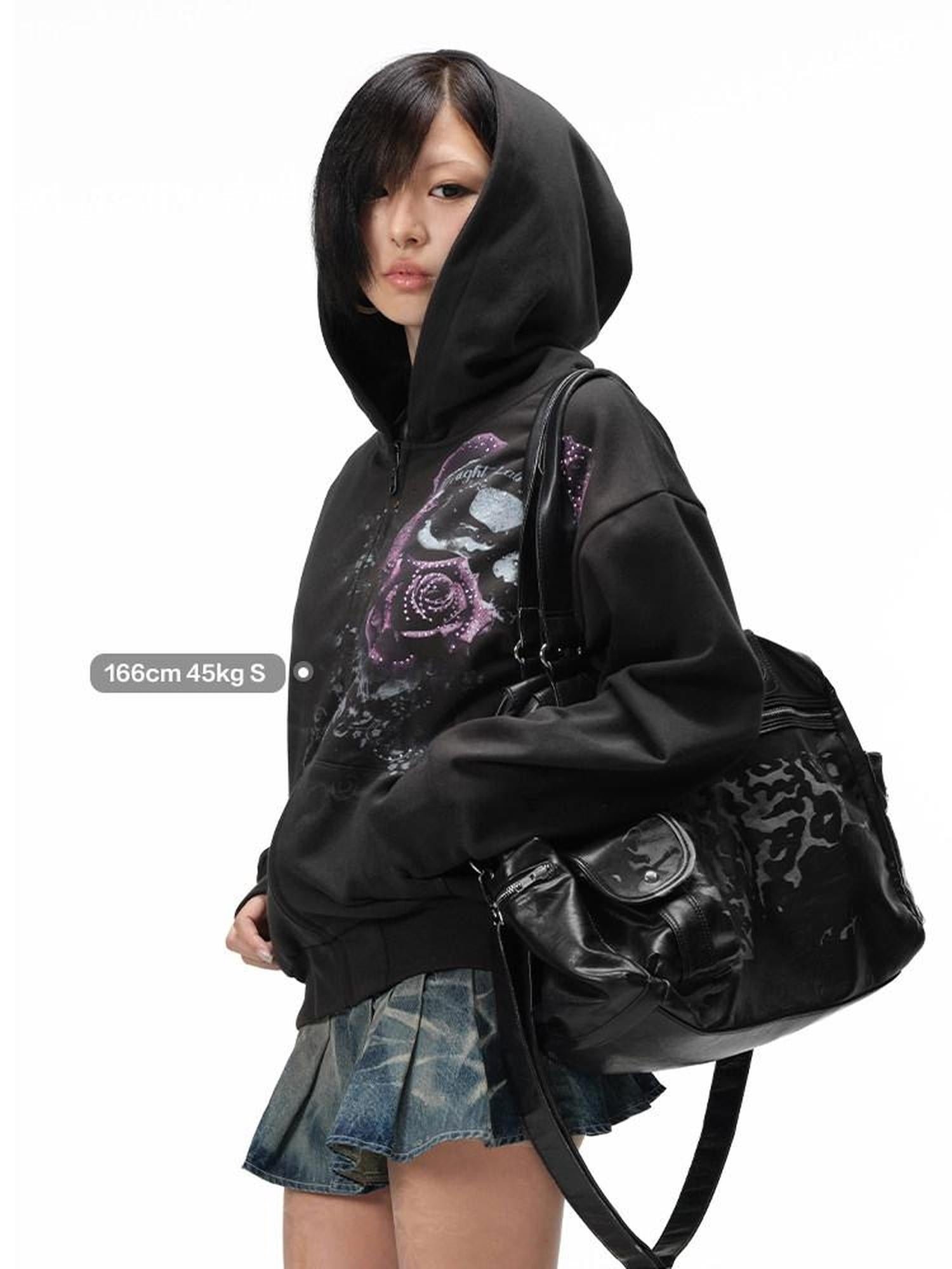 Night Lab Washed Cotton Rose Print Loose Fit Zip Cardigan Hooded Unisex Casual Hoodies