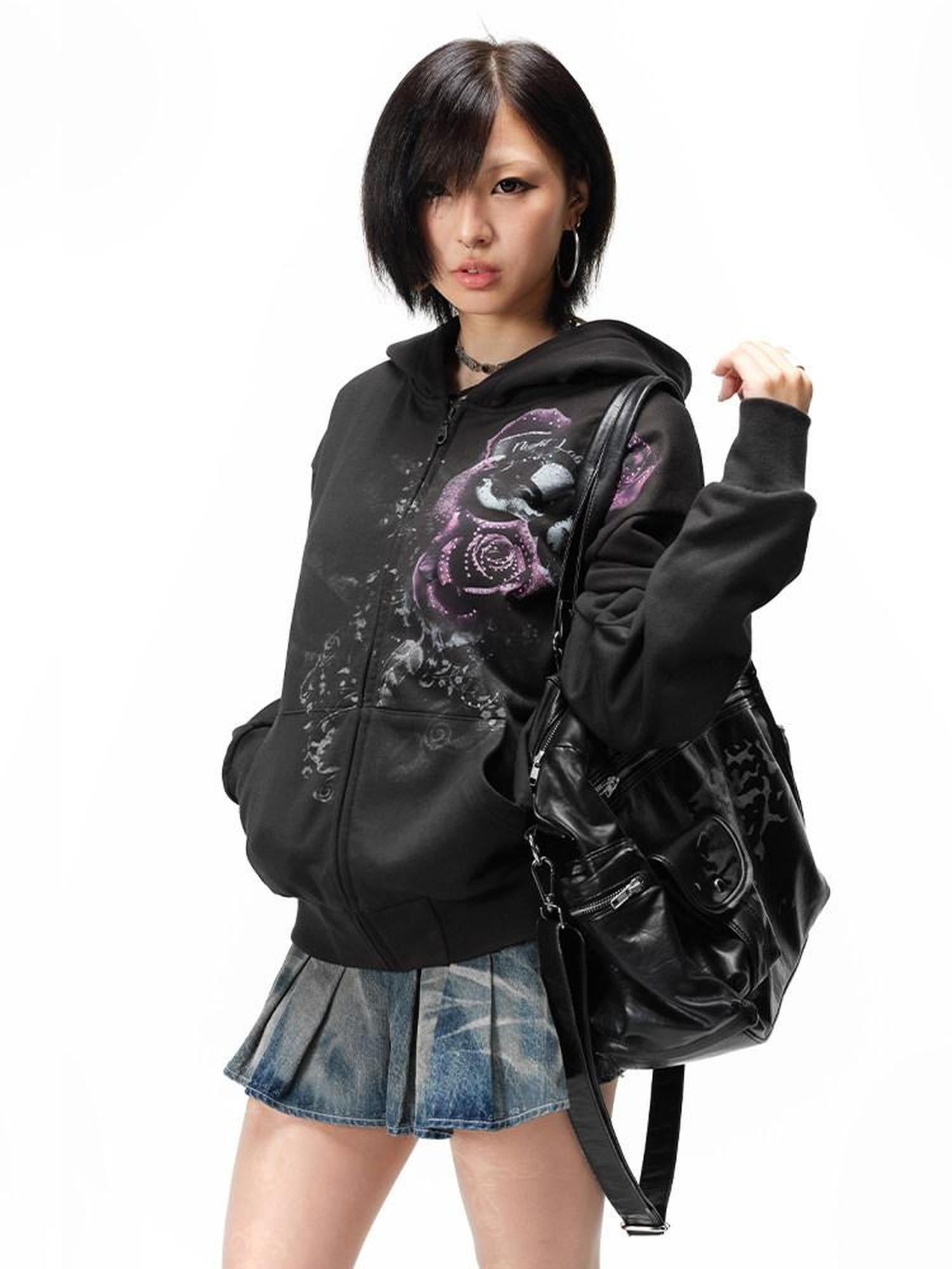 Night Lab Washed Cotton Rose Print Loose Fit Zip Cardigan Hooded Unisex Casual Hoodies