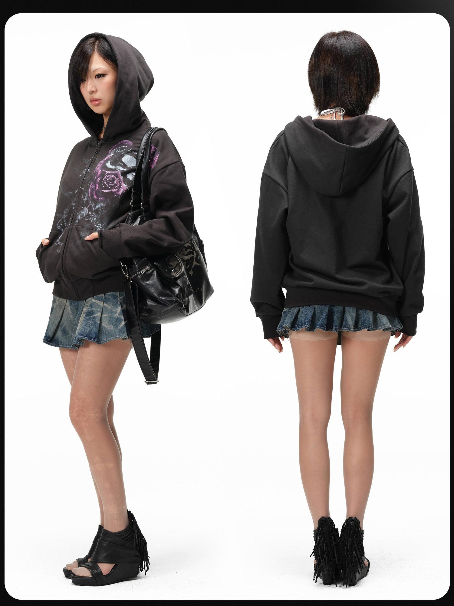 Night Lab Washed Cotton Rose Print Loose Fit Zip Cardigan Hooded Unisex Casual Hoodies
