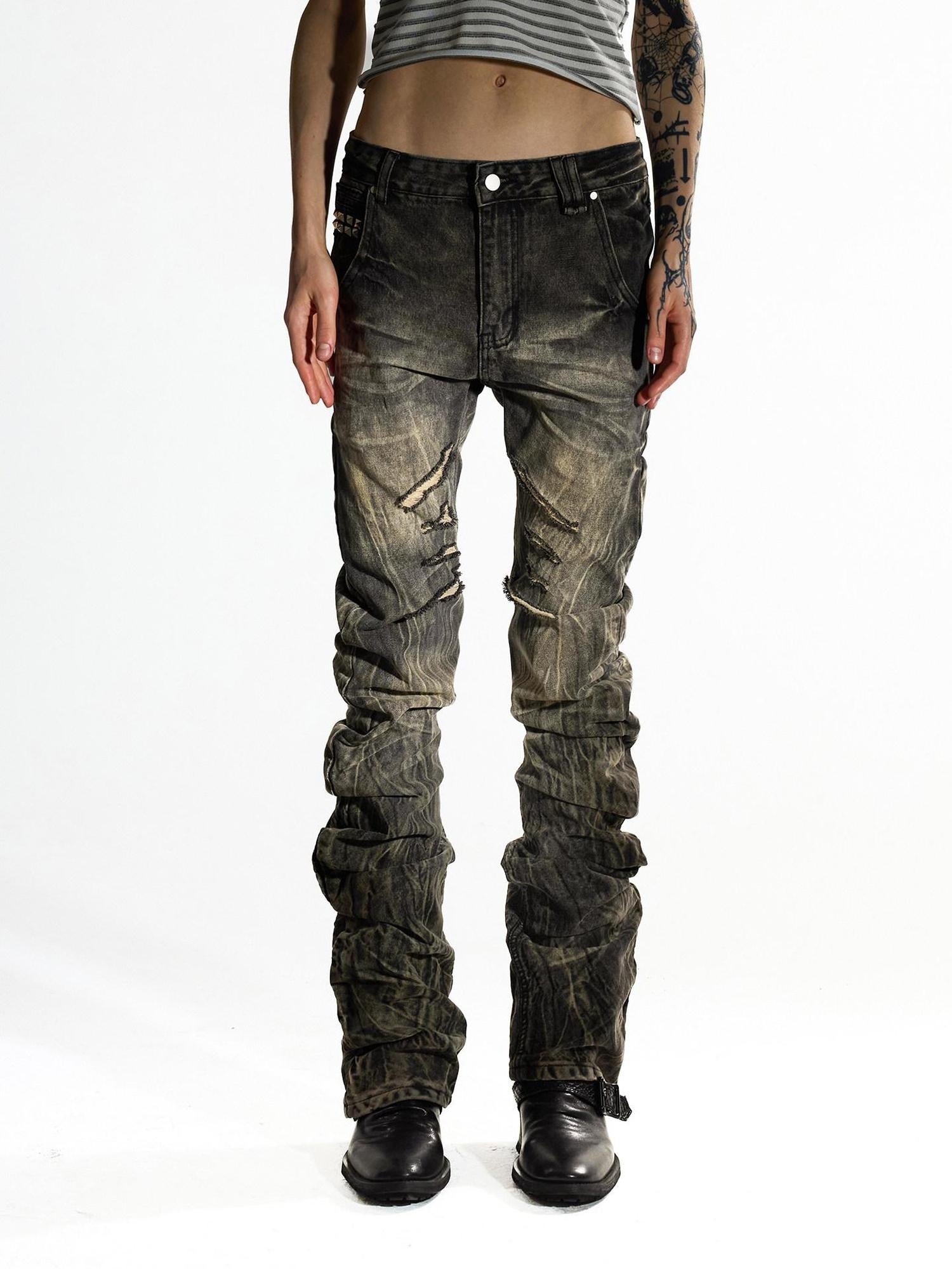 Night Lab Washed Distressed Slim Curved Leg Mid Low Rise Unisex Khaki Straight Jeans