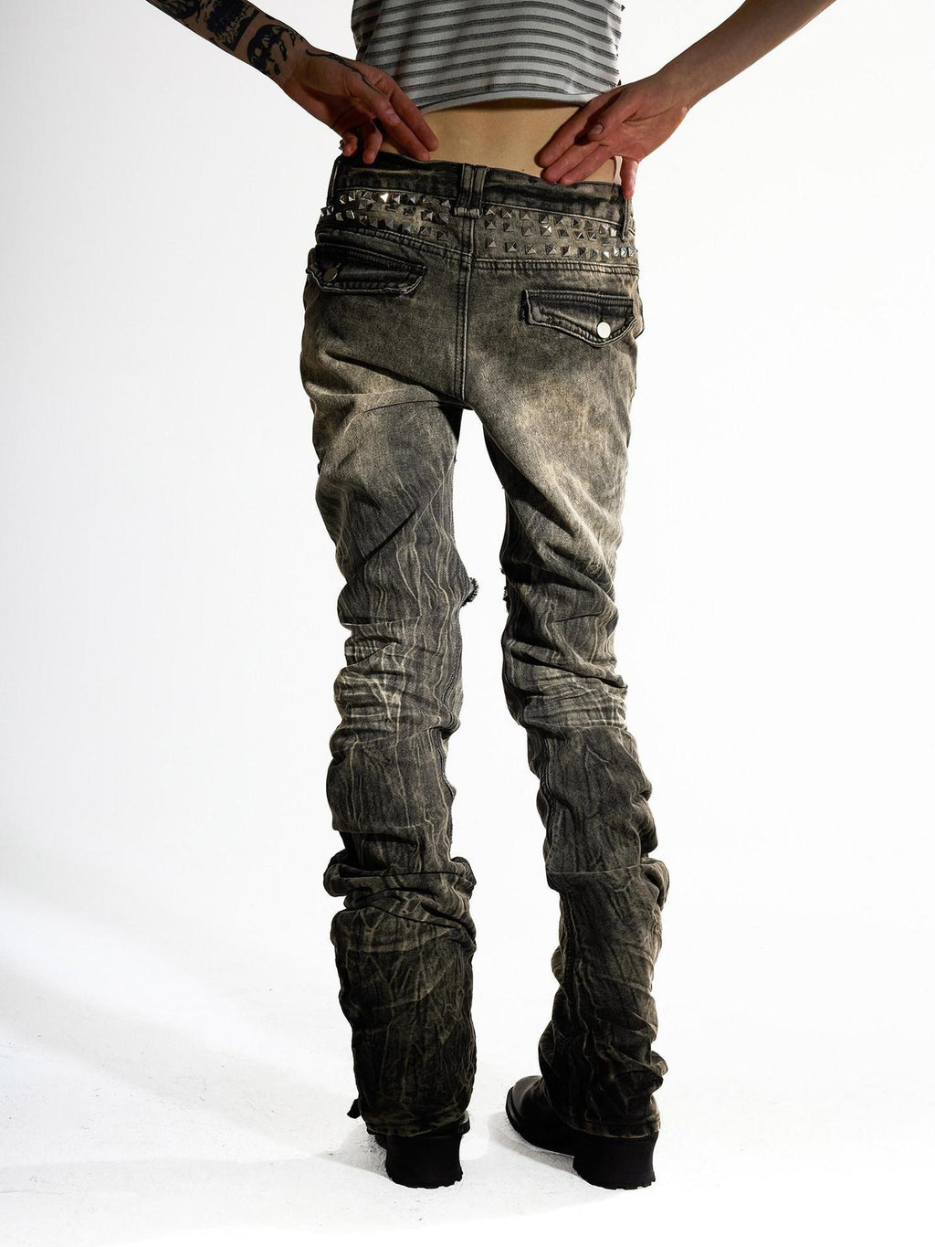 Night Lab Washed Distressed Slim Curved Leg Mid Low Rise Unisex Khaki Straight Jeans