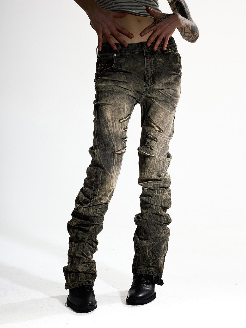 Night Lab Washed Distressed Slim Curved Leg Mid Low Rise Unisex Khaki Straight Jeans