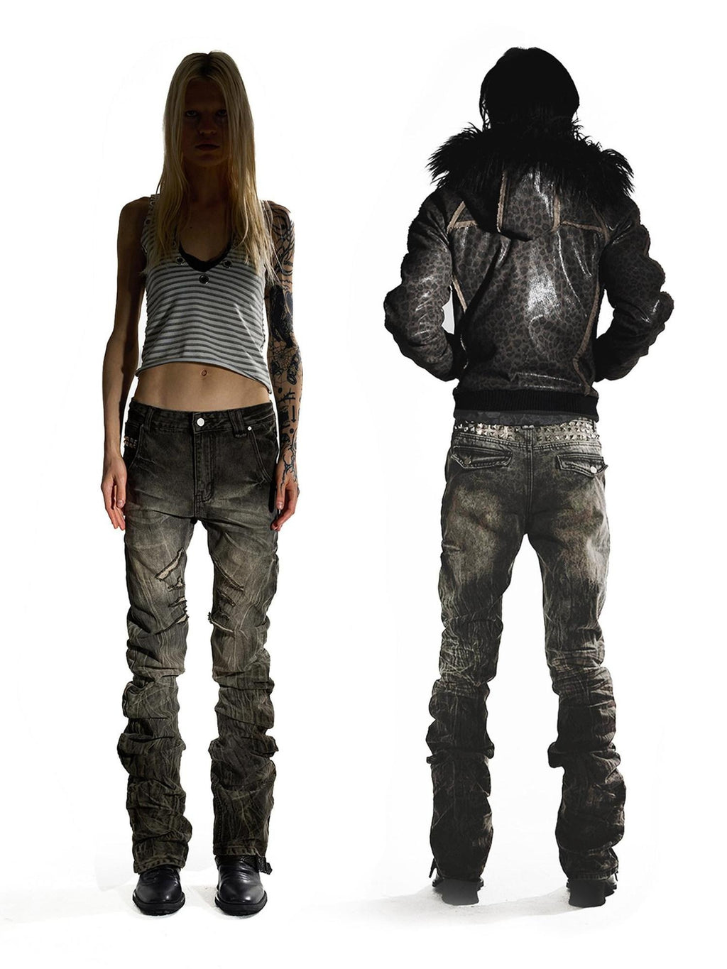Night Lab Washed Distressed Slim Curved Leg Mid Low Rise Unisex Khaki Straight Jeans
