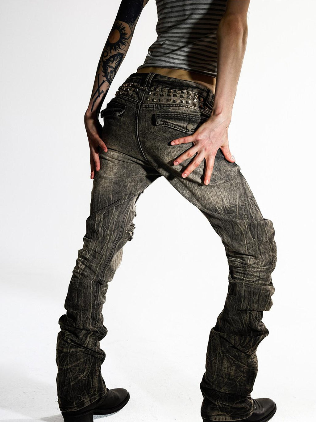 Night Lab Washed Distressed Slim Curved Leg Mid Low Rise Unisex Khaki Straight Jeans
