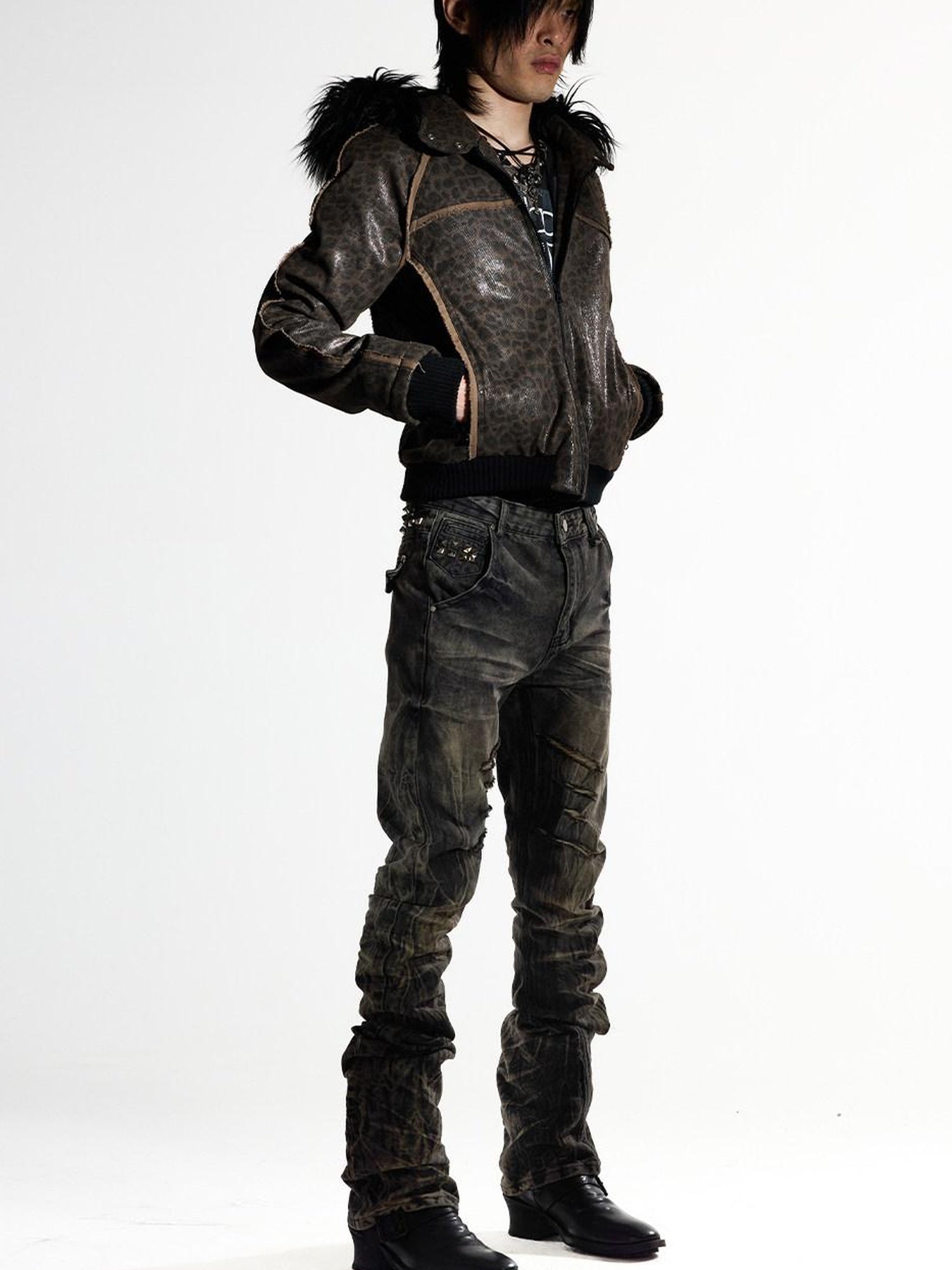 Night Lab Washed Distressed Slim Curved Leg Mid Low Rise Unisex Khaki Straight Jeans