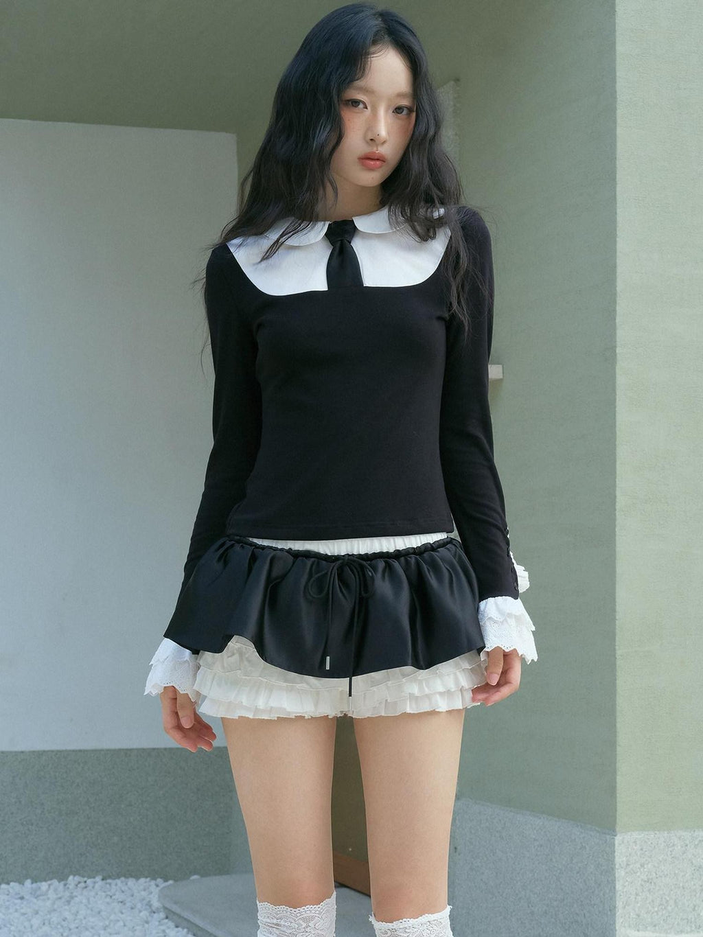 No nuts Black White Polka Dot Ruffle Low Waist Patchwork Women's Cotton Tiered Skirts