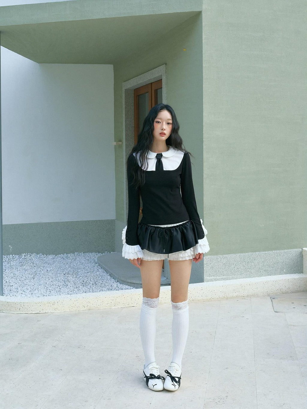 No nuts Black White Polka Dot Ruffle Low Waist Patchwork Women's Cotton Tiered Skirts