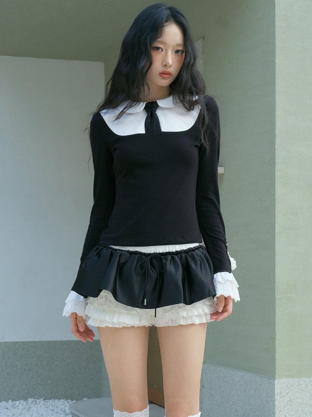 No nuts Black White Polka Dot Ruffle Low Waist Patchwork Women's Cotton Tiered Skirts