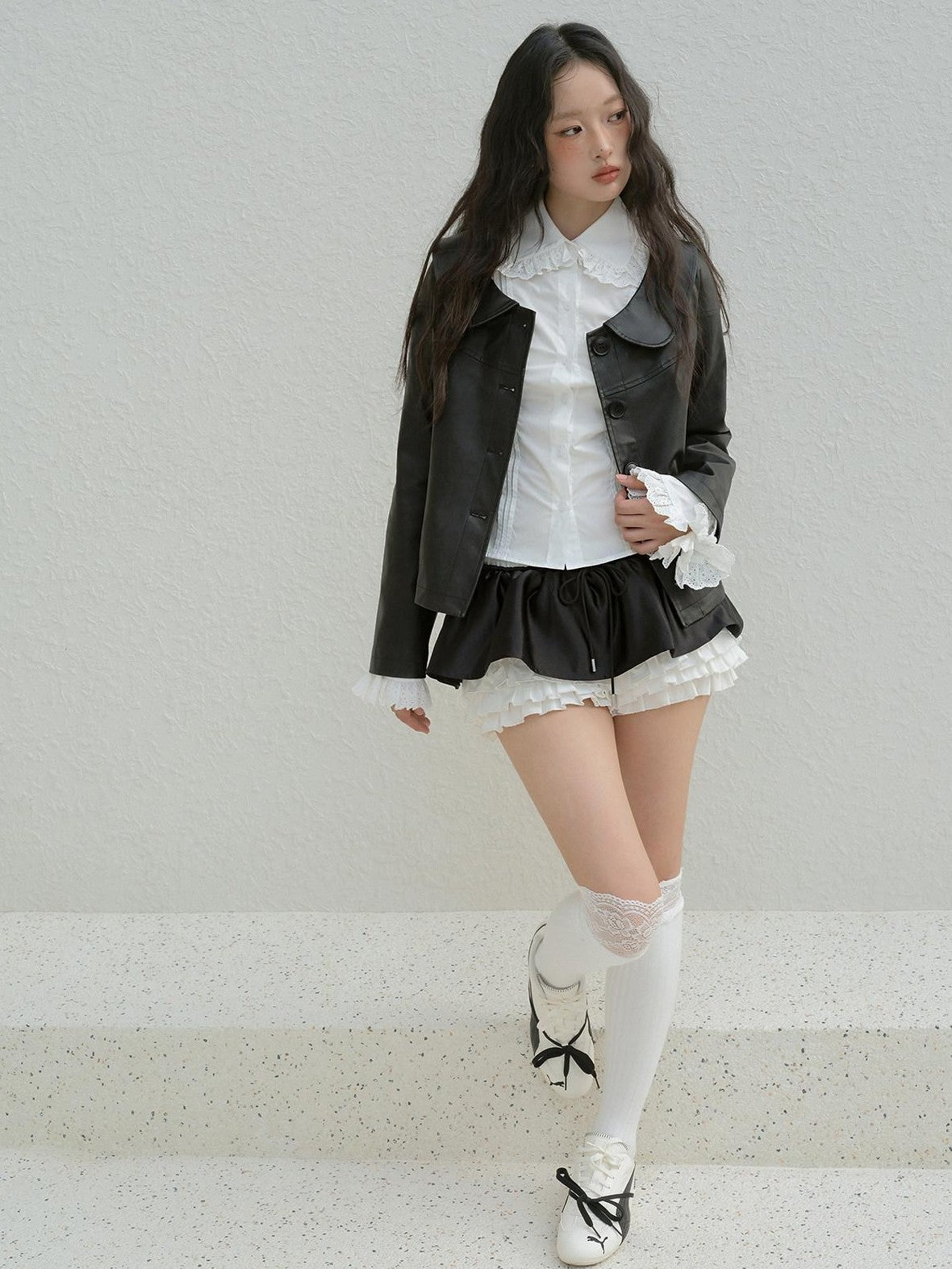 No nuts Black White Polka Dot Ruffle Low Waist Patchwork Women's Cotton Tiered Skirts