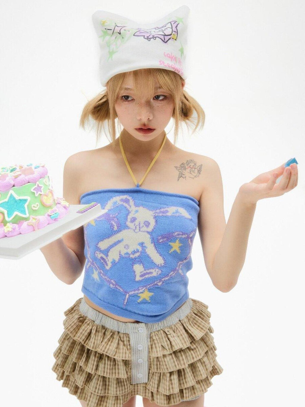 No nuts Blue Distressed Hand Painted Rabbit Halter Strap Women's Wool Tube Tops
