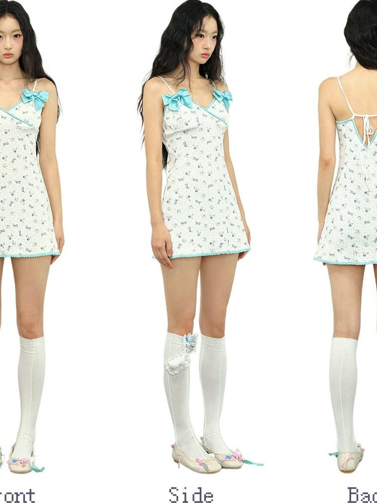 No nuts Blue Satin Bow Lace Print Cotton Slim Fit Women's Slip Mini Dresses