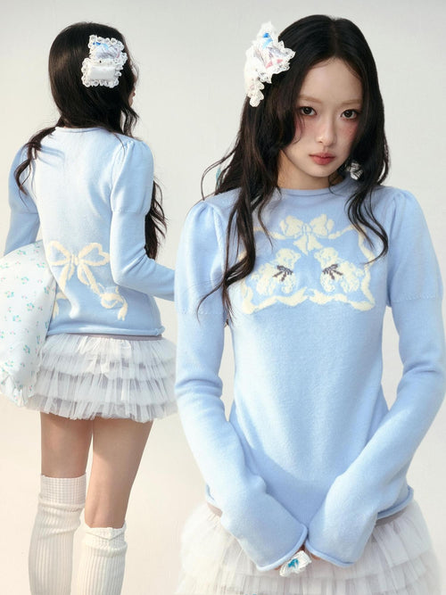 No nuts Bow Trim Puff Sleeve Knit Women's Polyester Sweaters