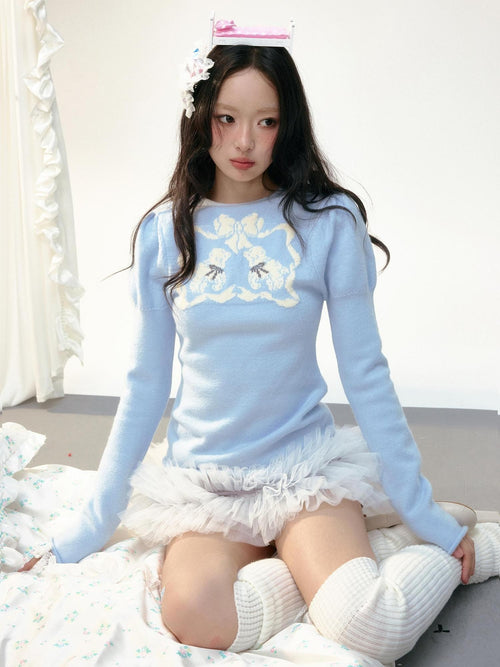 No nuts Bow Trim Puff Sleeve Knit Women's Polyester Sweaters